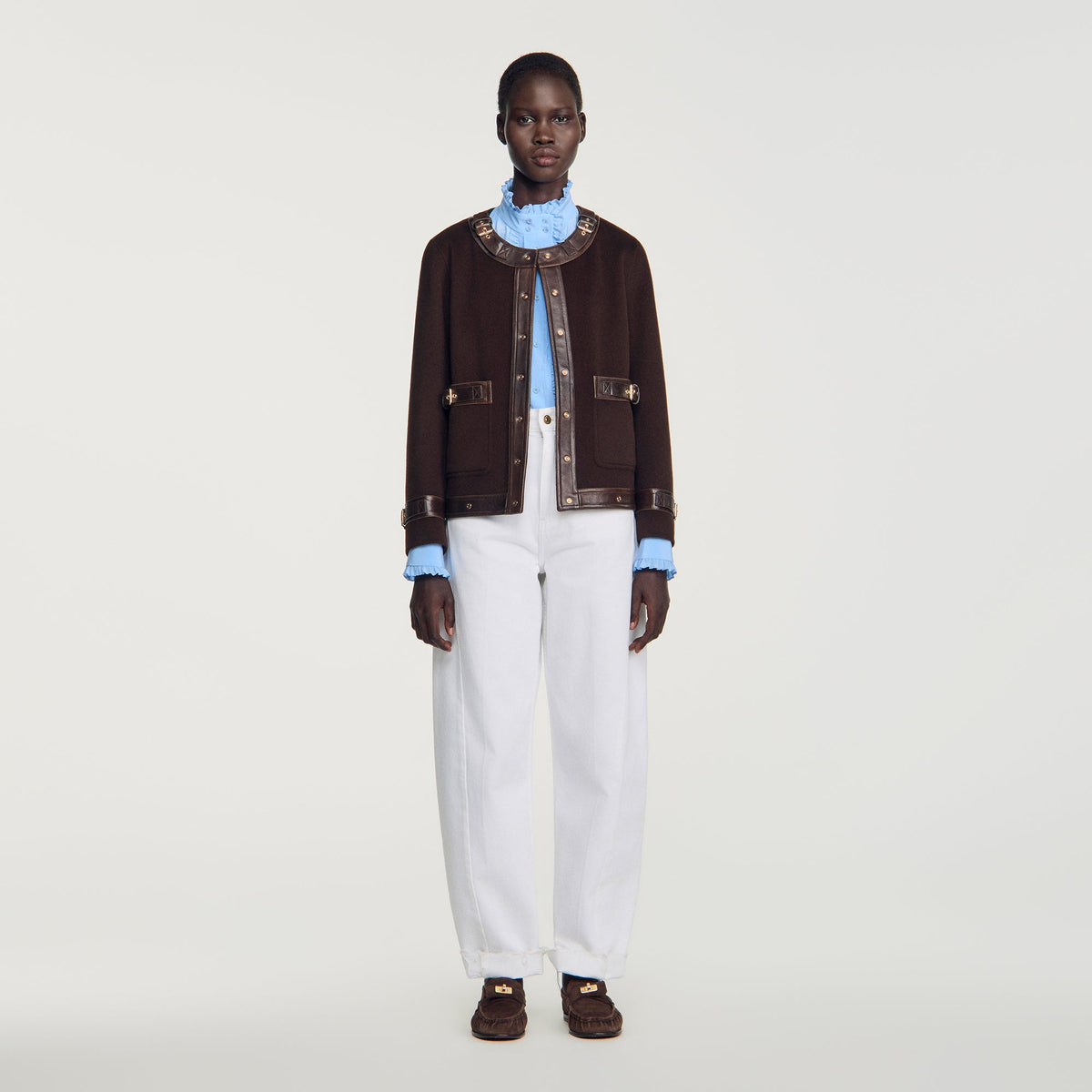 Greenwich Short coat with leather details Brown