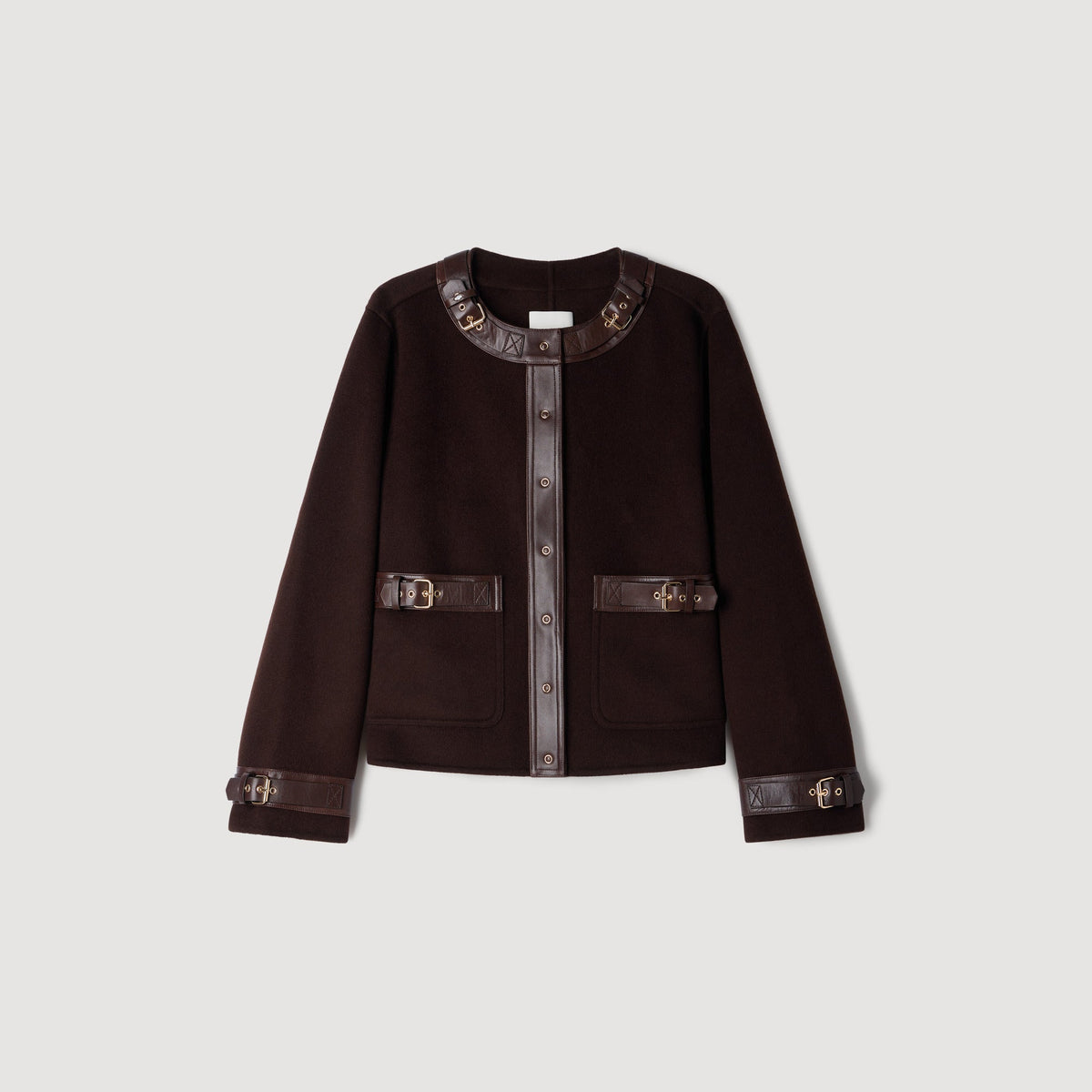 Greenwich Short coat with leather details Brown