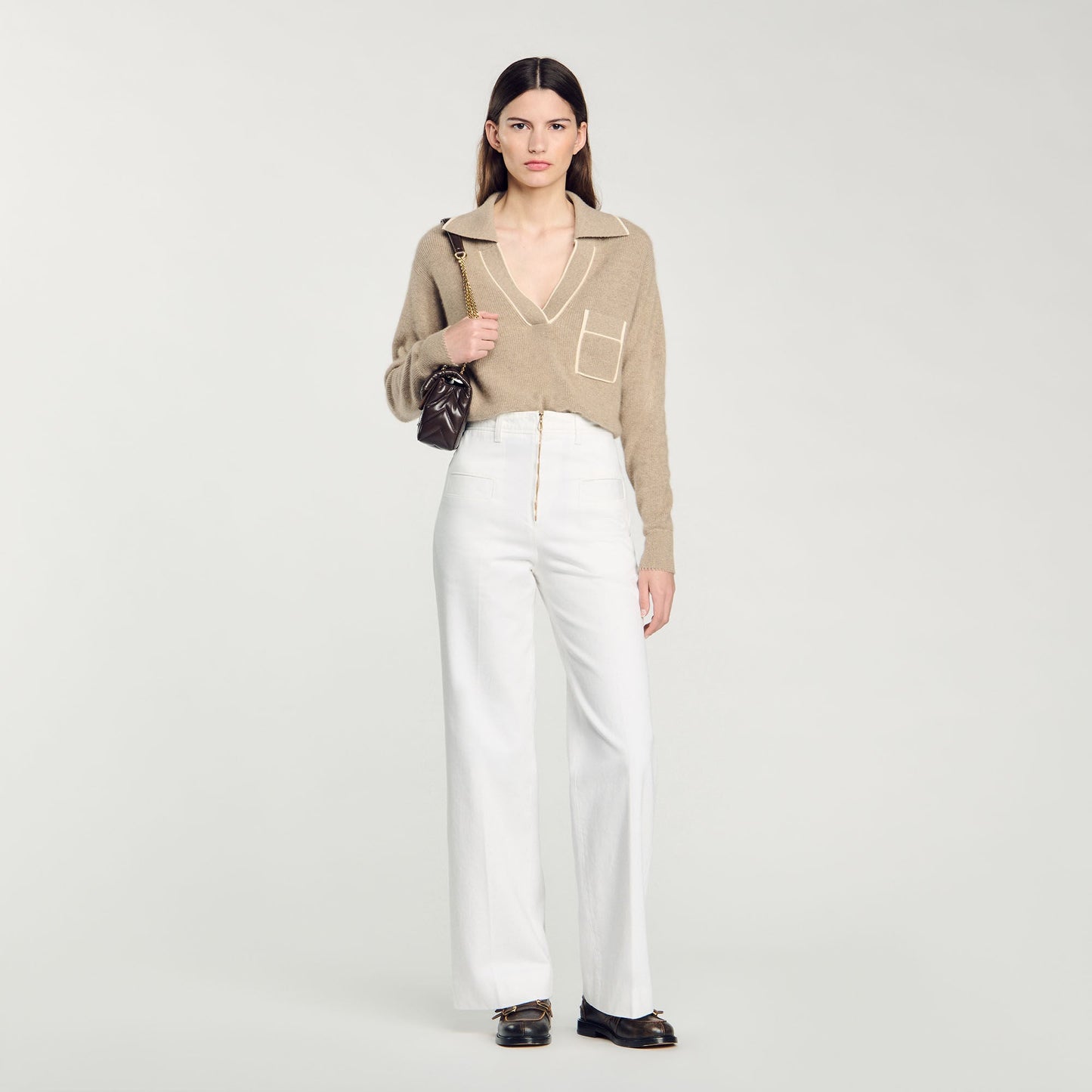 Open Polo-Collar Neck Jumper Beige
