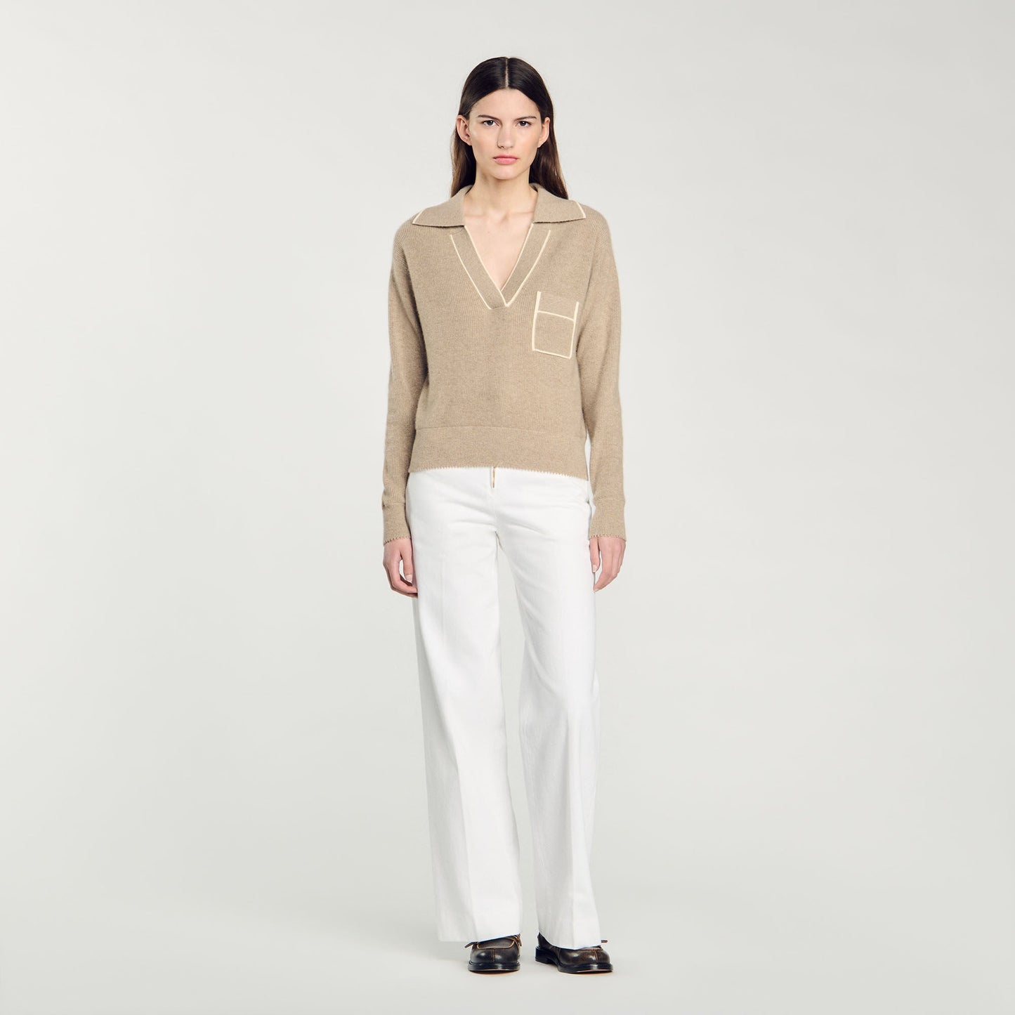 Open Polo-Collar Neck Jumper Beige