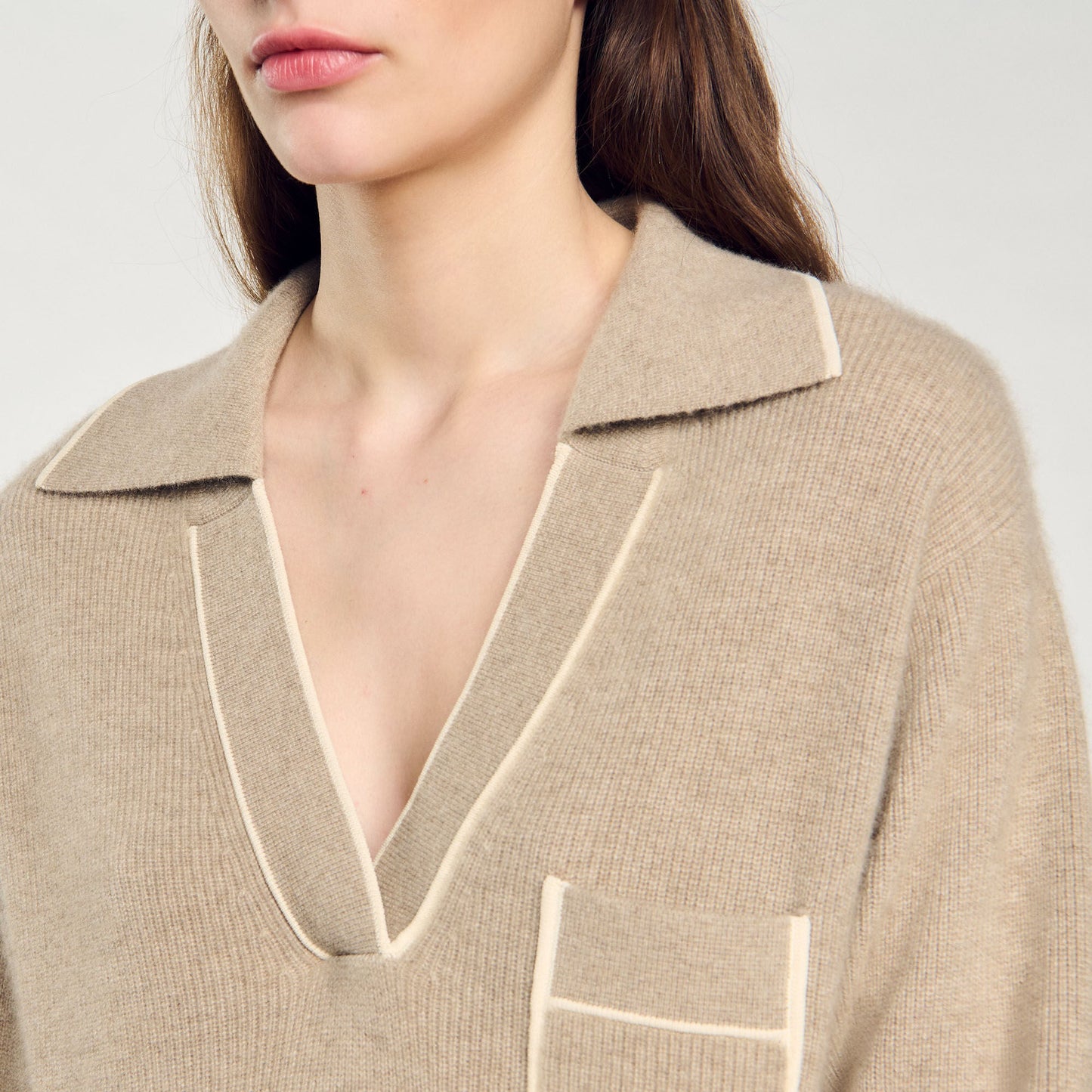 Open Polo-Collar Neck Jumper Beige