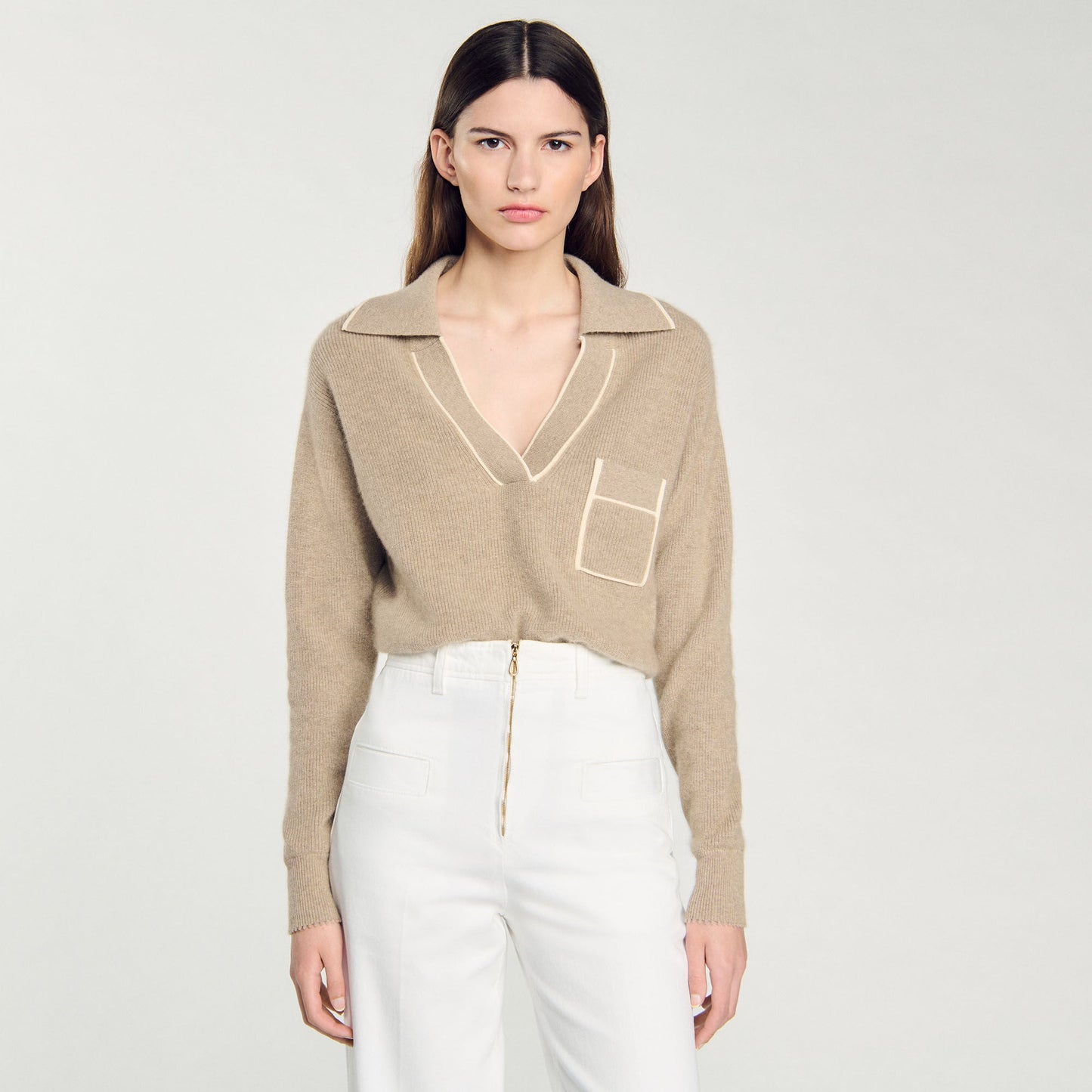 Open Polo-Collar Neck Jumper Beige