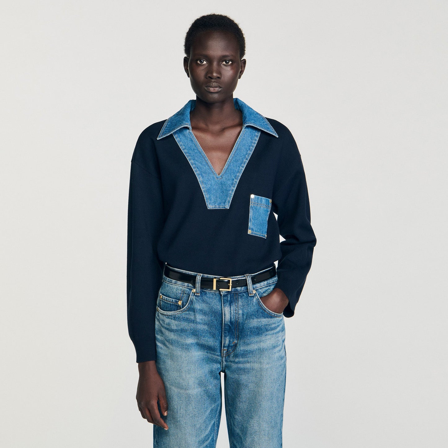 Madere Jumper With Denim Details Navy Blue