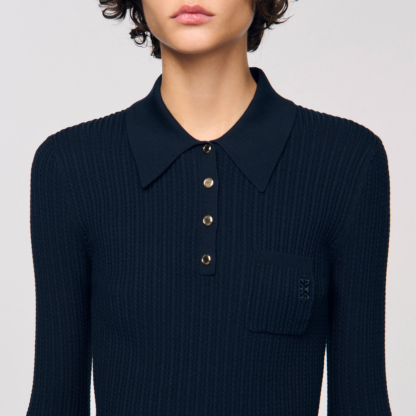 Morin Cable Knit Polo Jumper Navy Blue