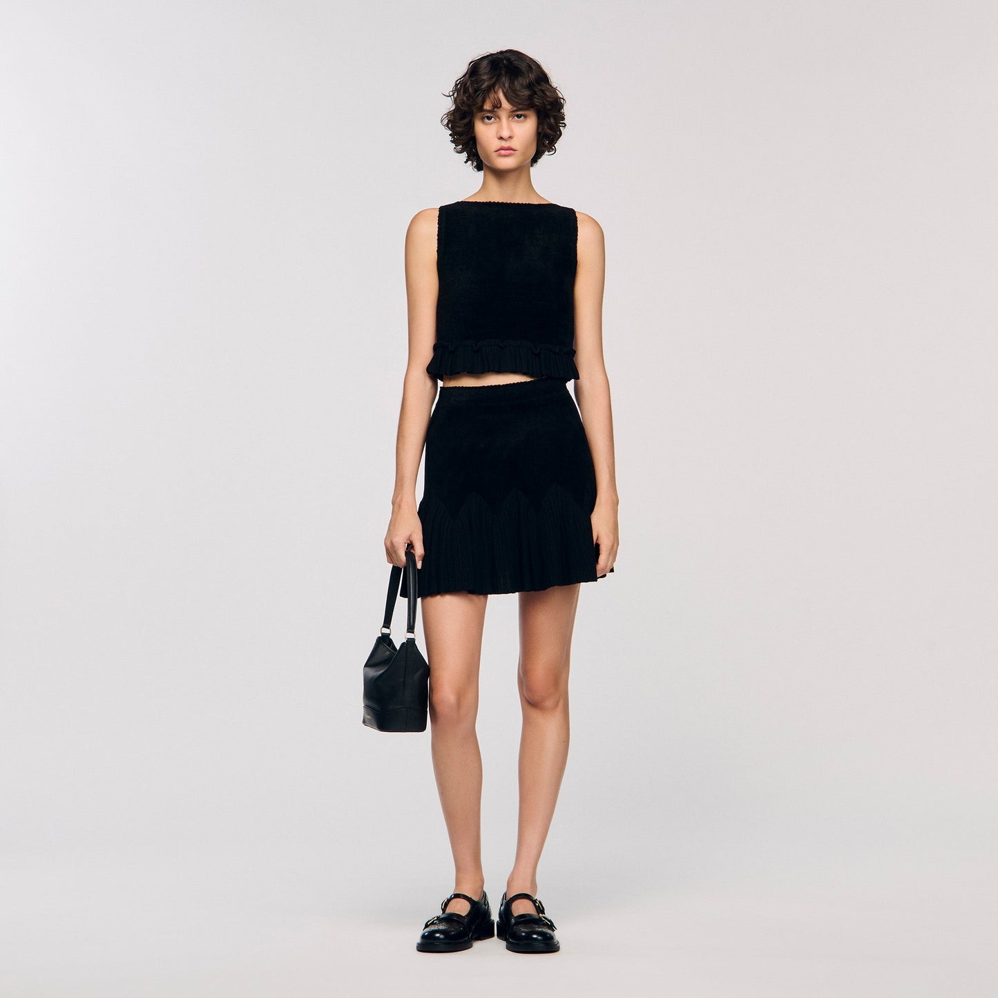 Oreon Ruffled Knit Crop Top Black