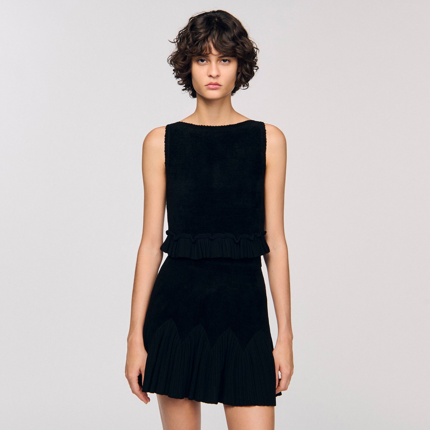 Oreon Ruffled Knit Crop Top Black