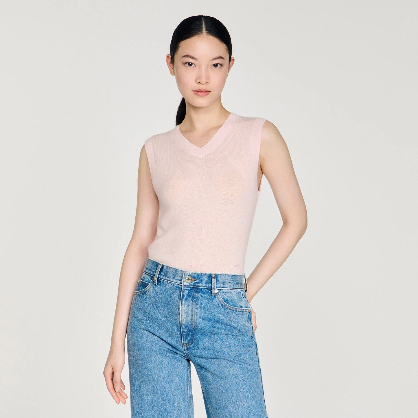 Calliste Embroidered Short Wool Cashmere Top Light Pink