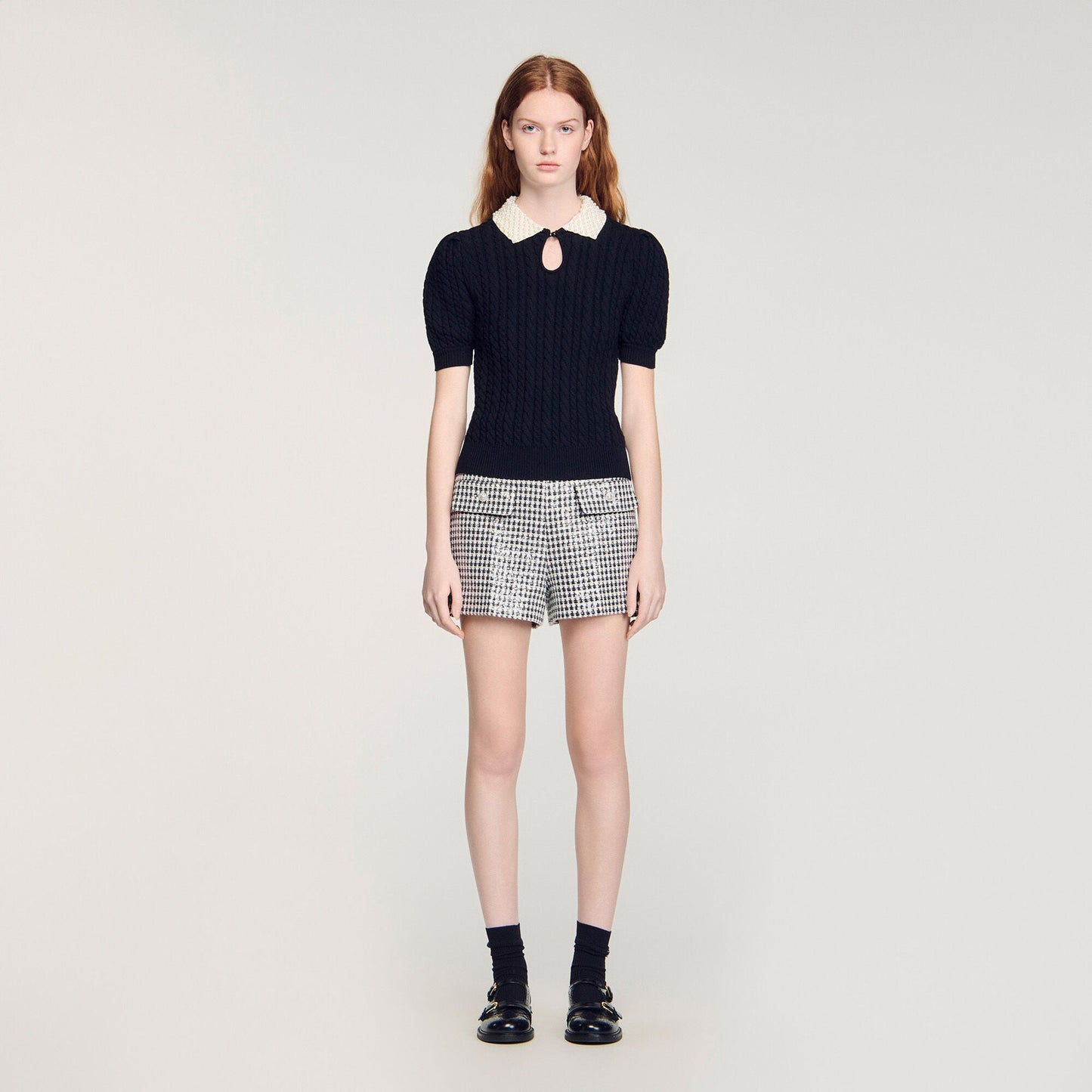 Madine Pearl Collar Cable Knit Jumper Black