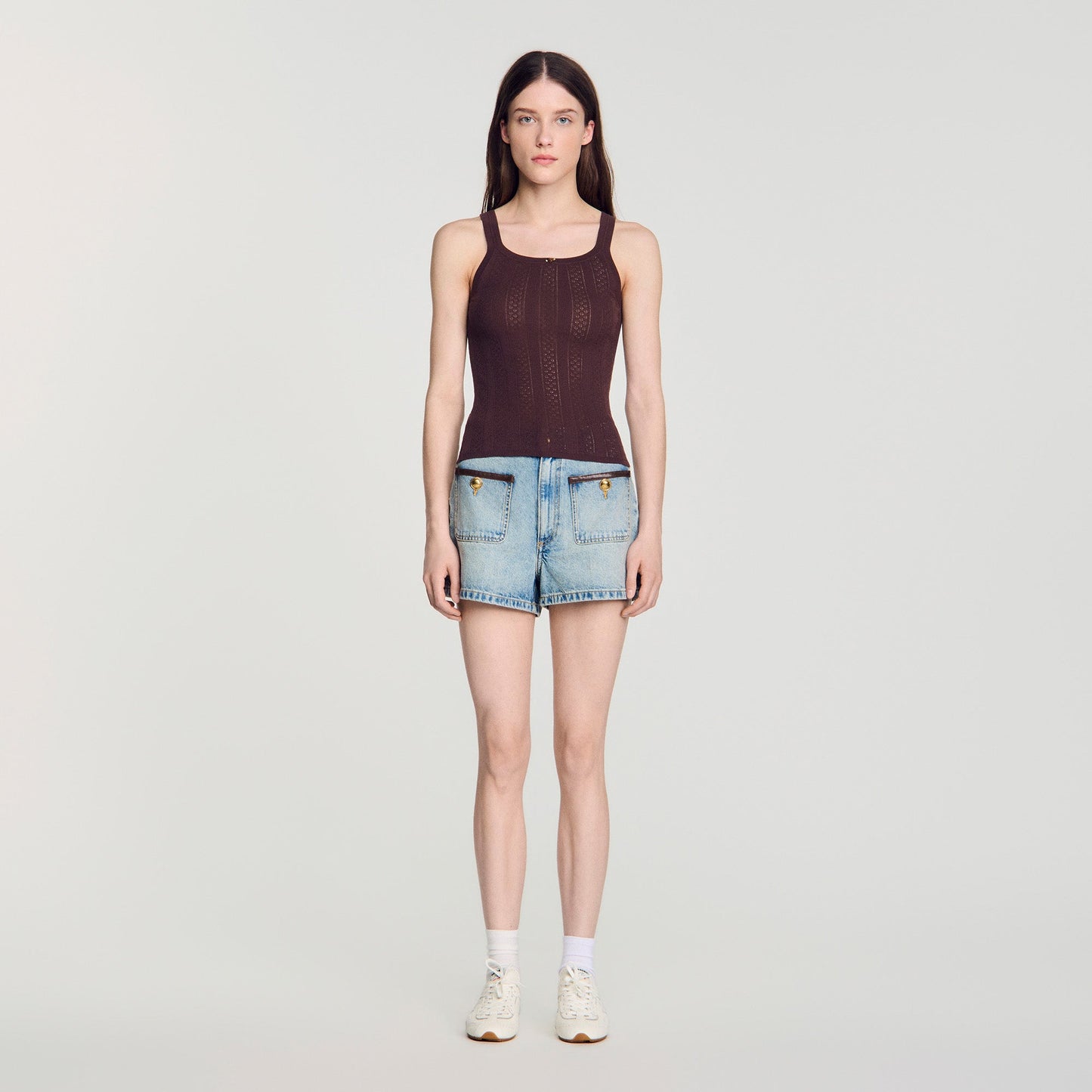 Aloe Pointelle knit vest top with bow Brown