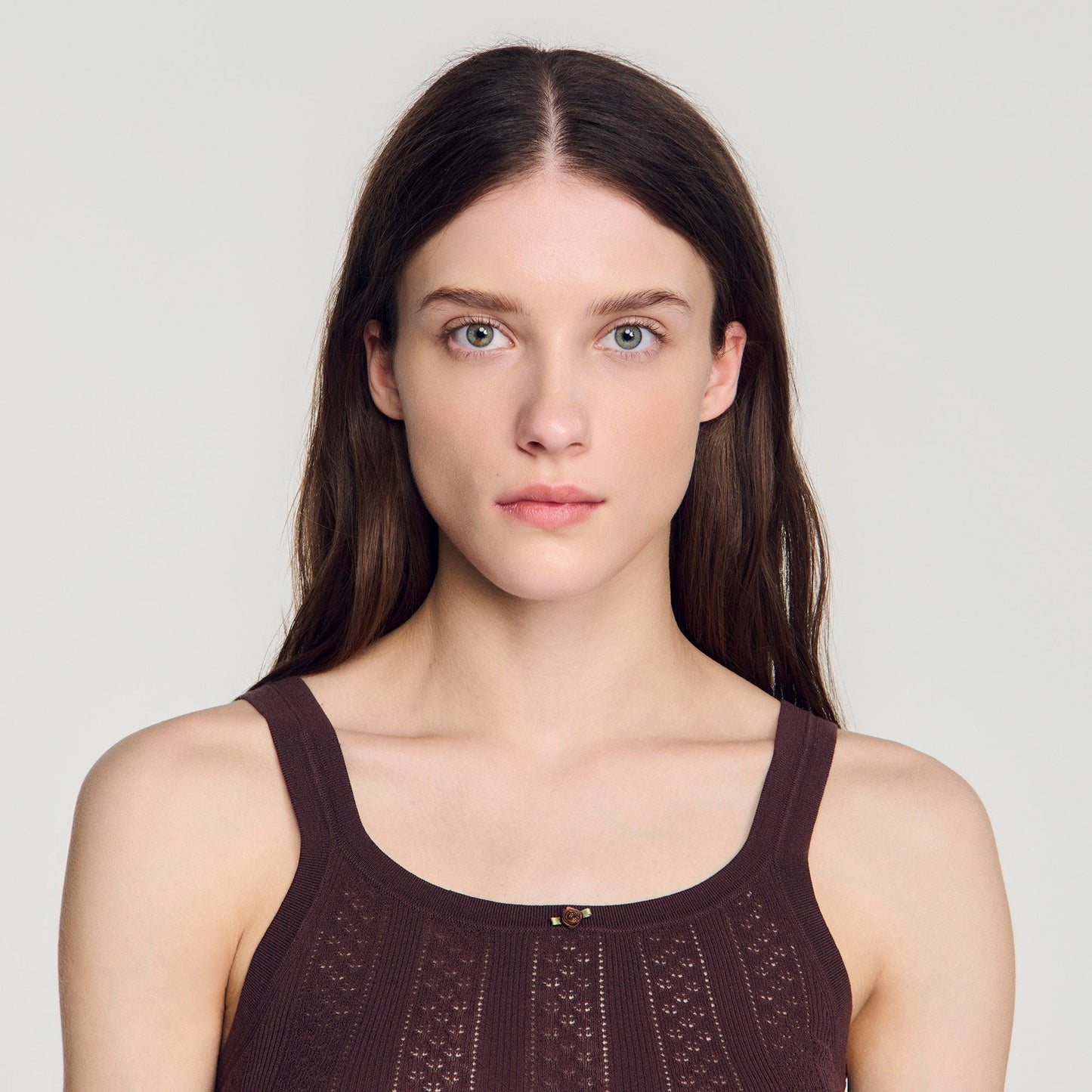 Aloe Pointelle knit vest top with bow Brown
