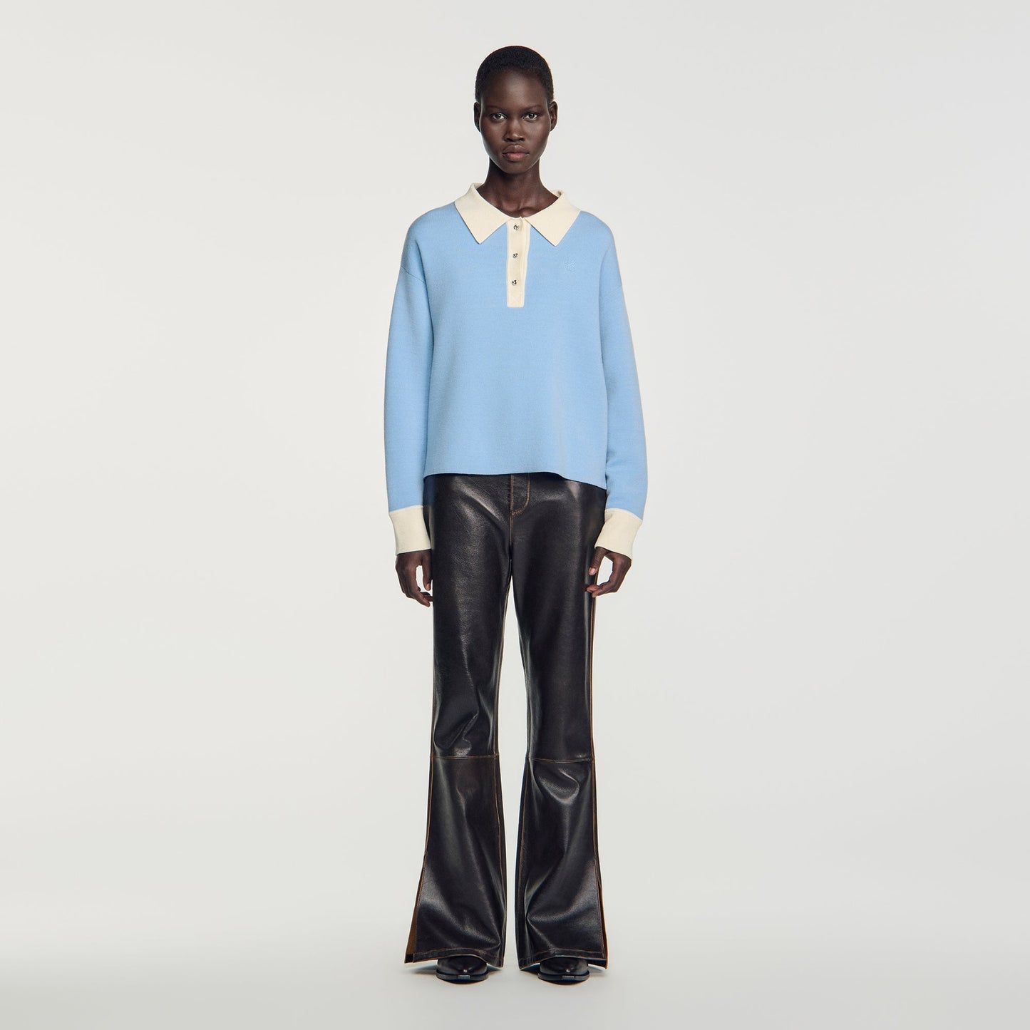 Megan Two-tone wool polo jumper Sky Blue