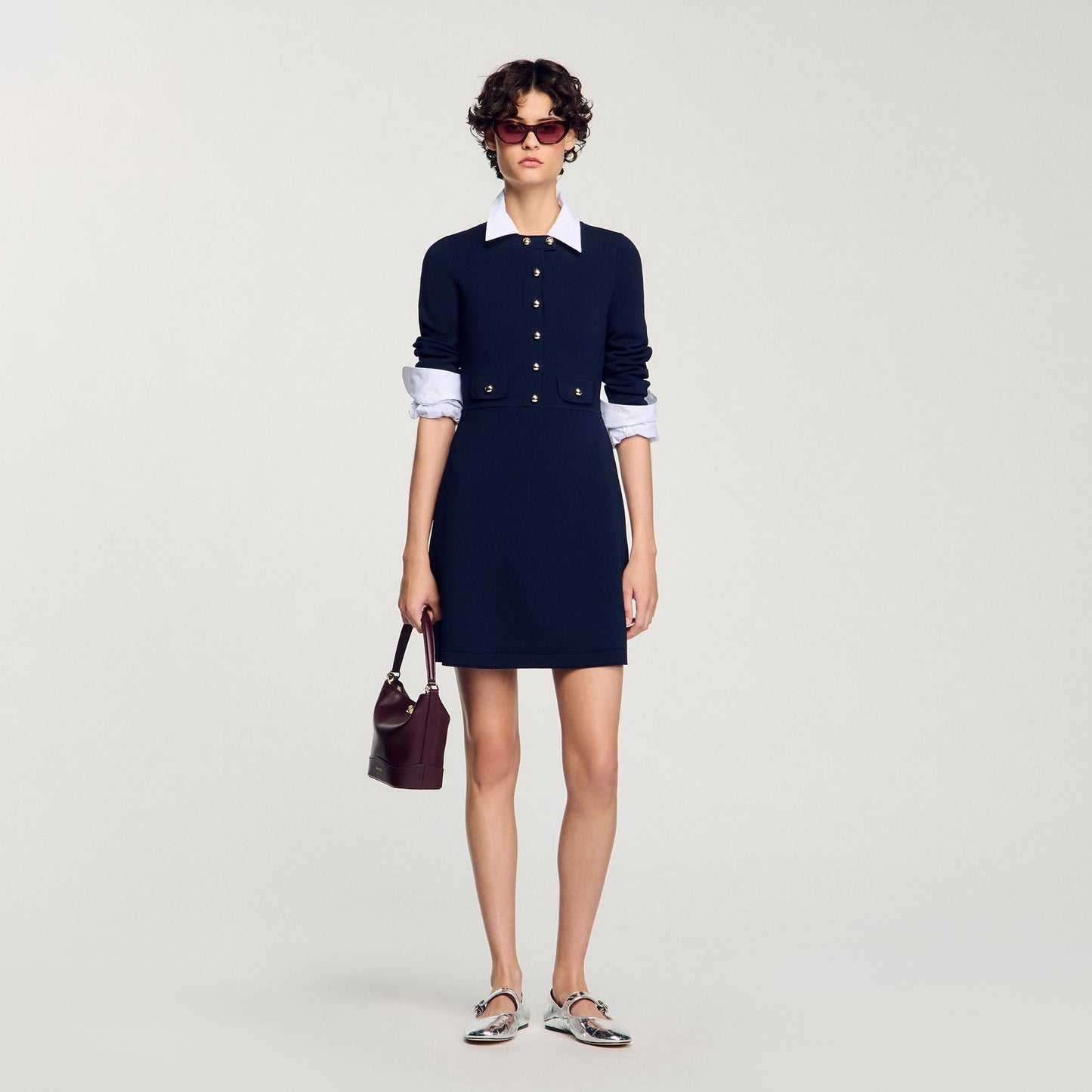 Short Button-Up Knit Dress Navy Blue