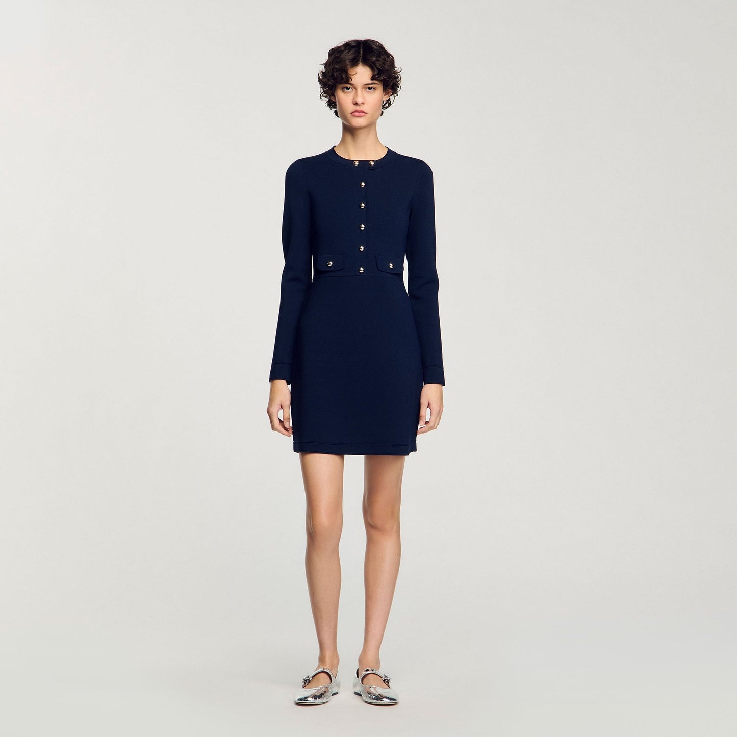 Short Button-Up Knit Dress Navy Blue