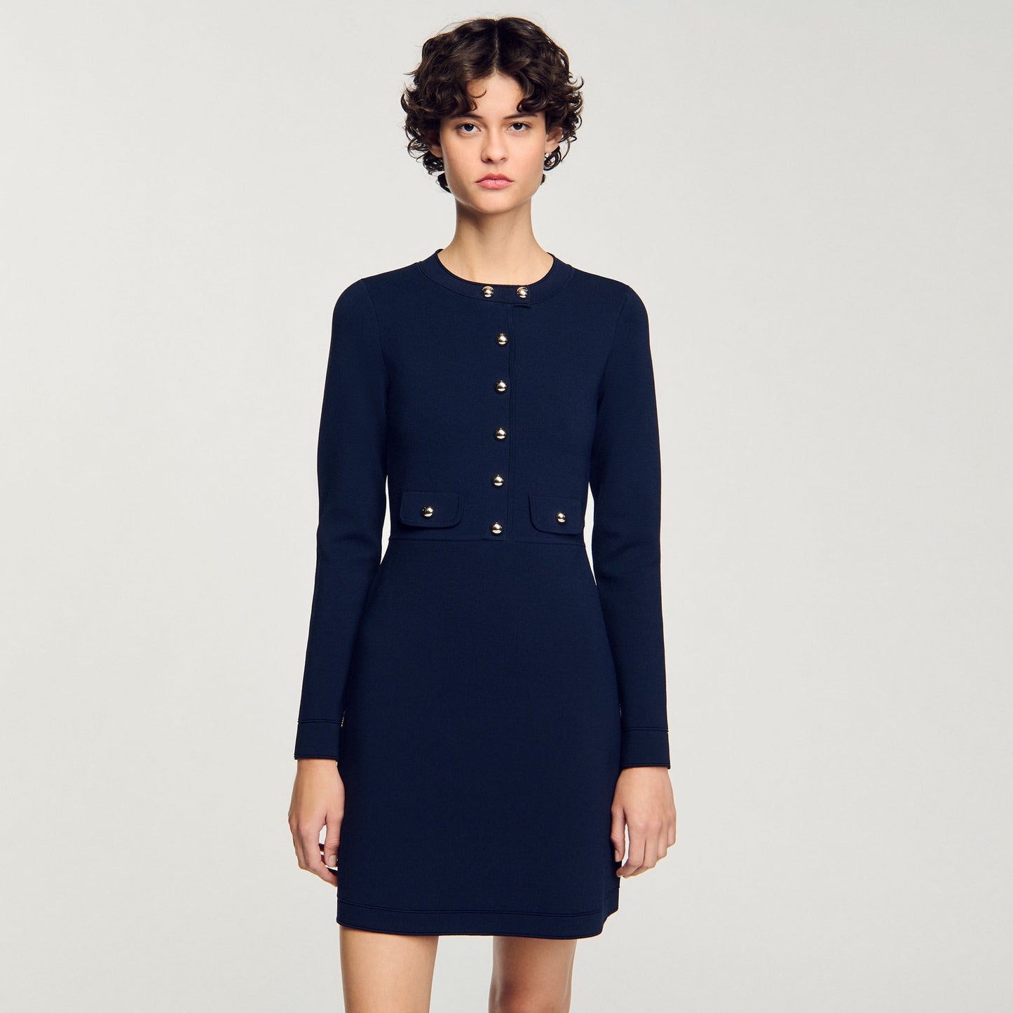 Short Button-Up Knit Dress Navy Blue