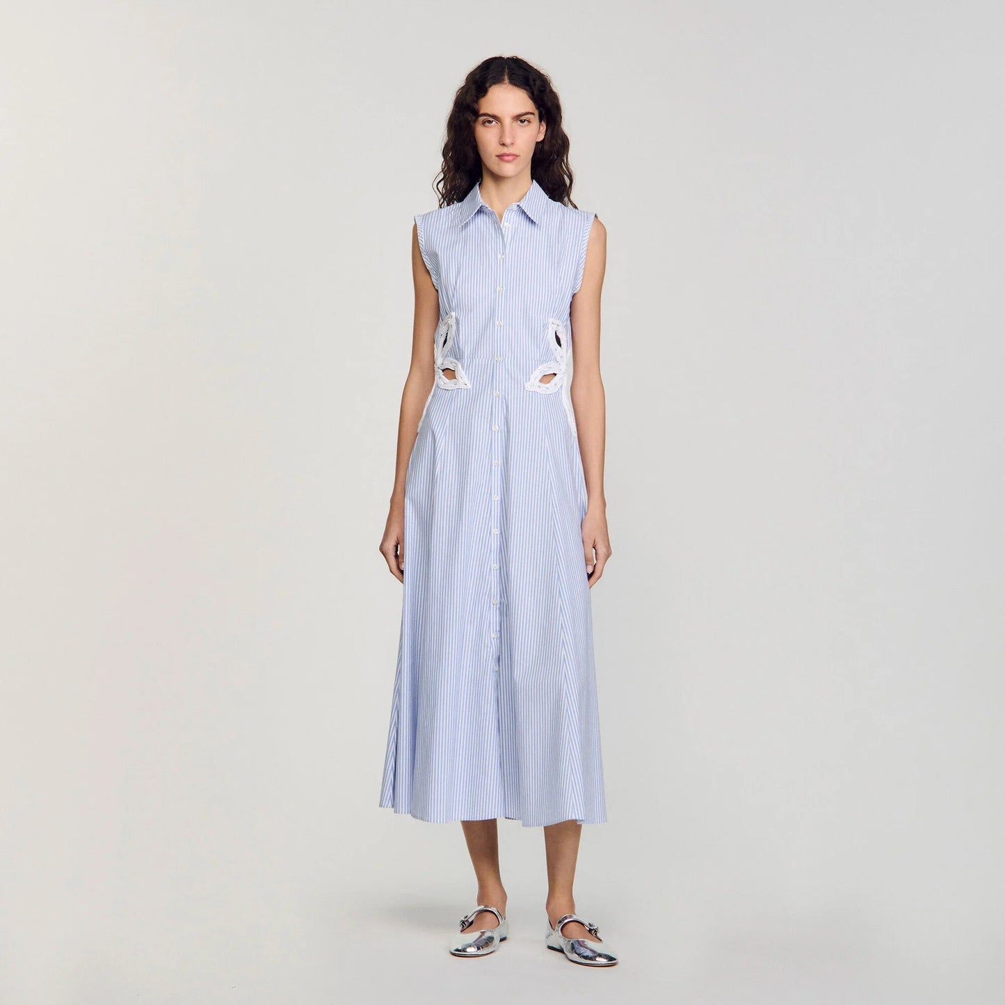 Amarante Stripy Embroidered Maxi Dress Sky Blue