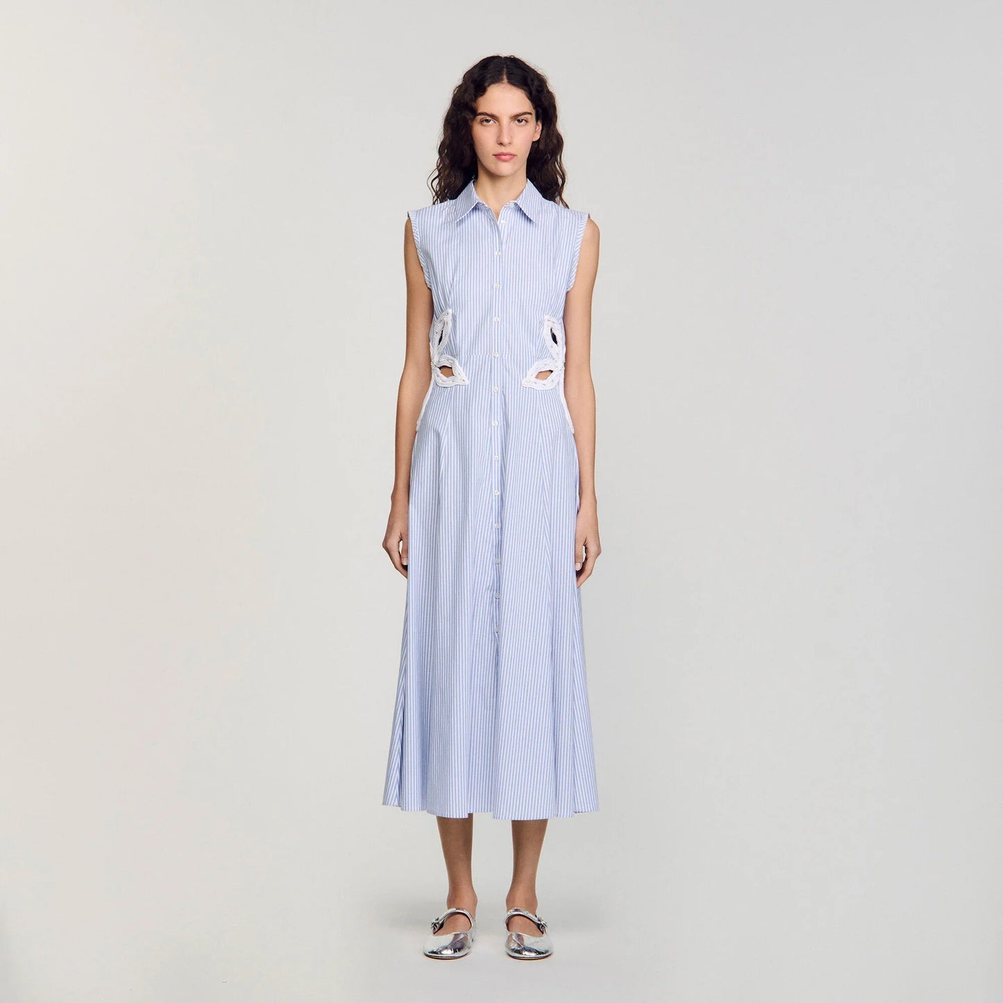 Amarante Stripy Embroidered Maxi Dress Sky Blue