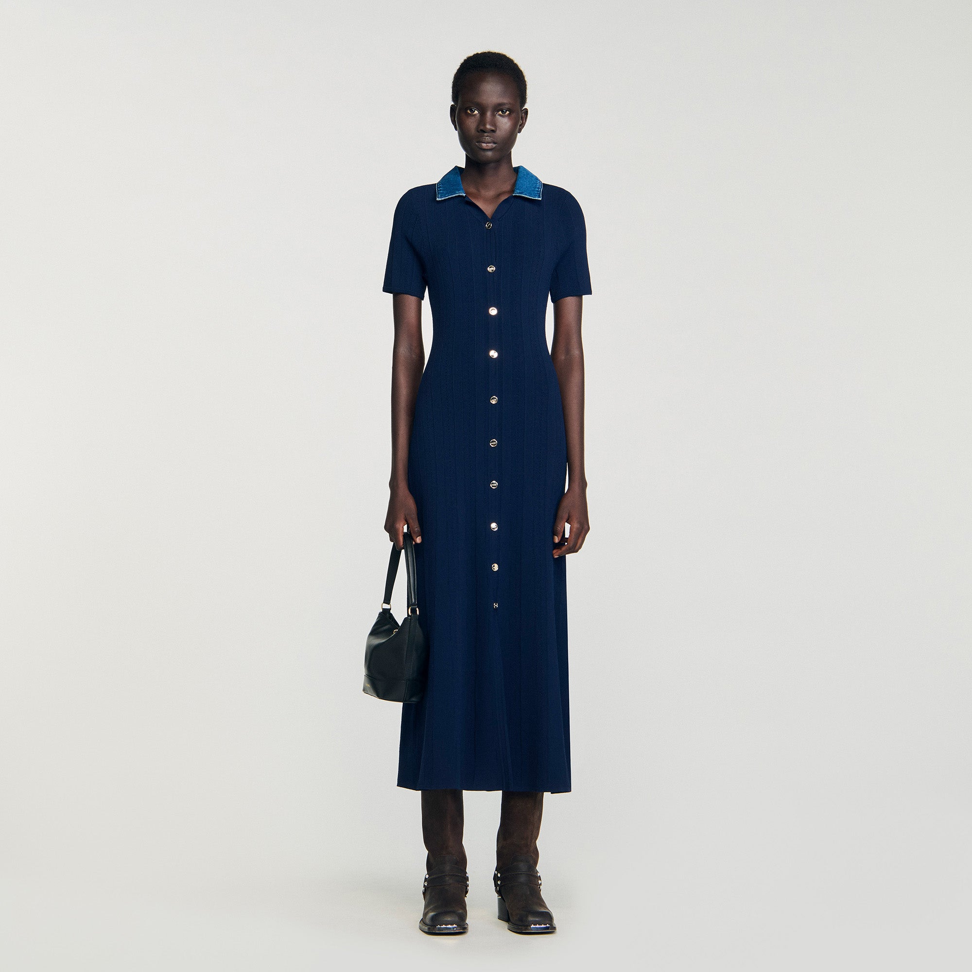 Julietta Denim Collar Knit Maxi Dress Navy Blue Julietta Denim Collar Knit Maxi Dress Navy Blue