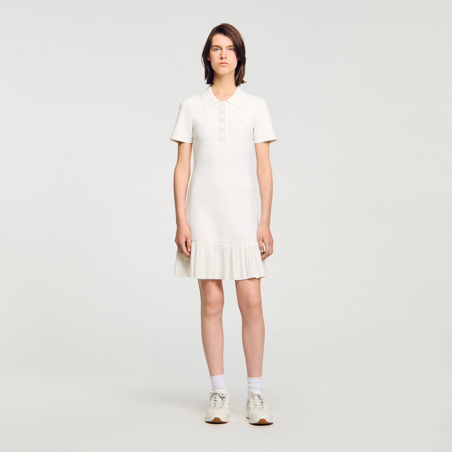 Short Knit Dress With Polo Neck Ecru