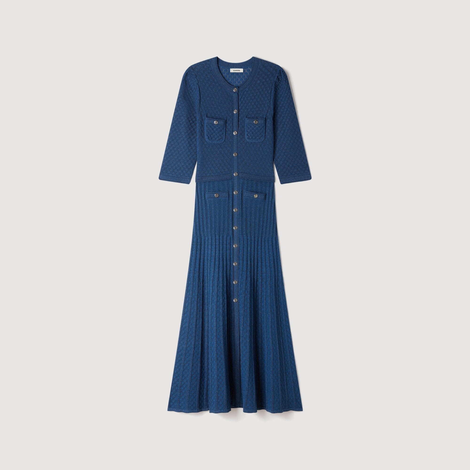 blue pointelle knit midi dress Ramia Come cooler months