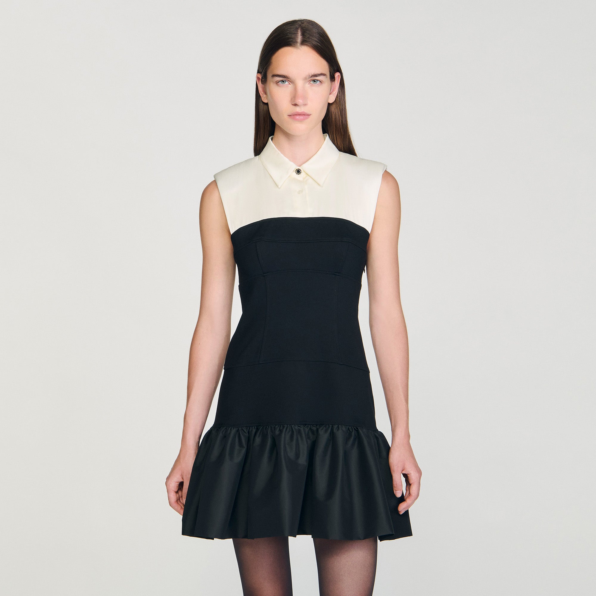 Noelia Short Two-Tone Ruffled Dress Ecru / Black