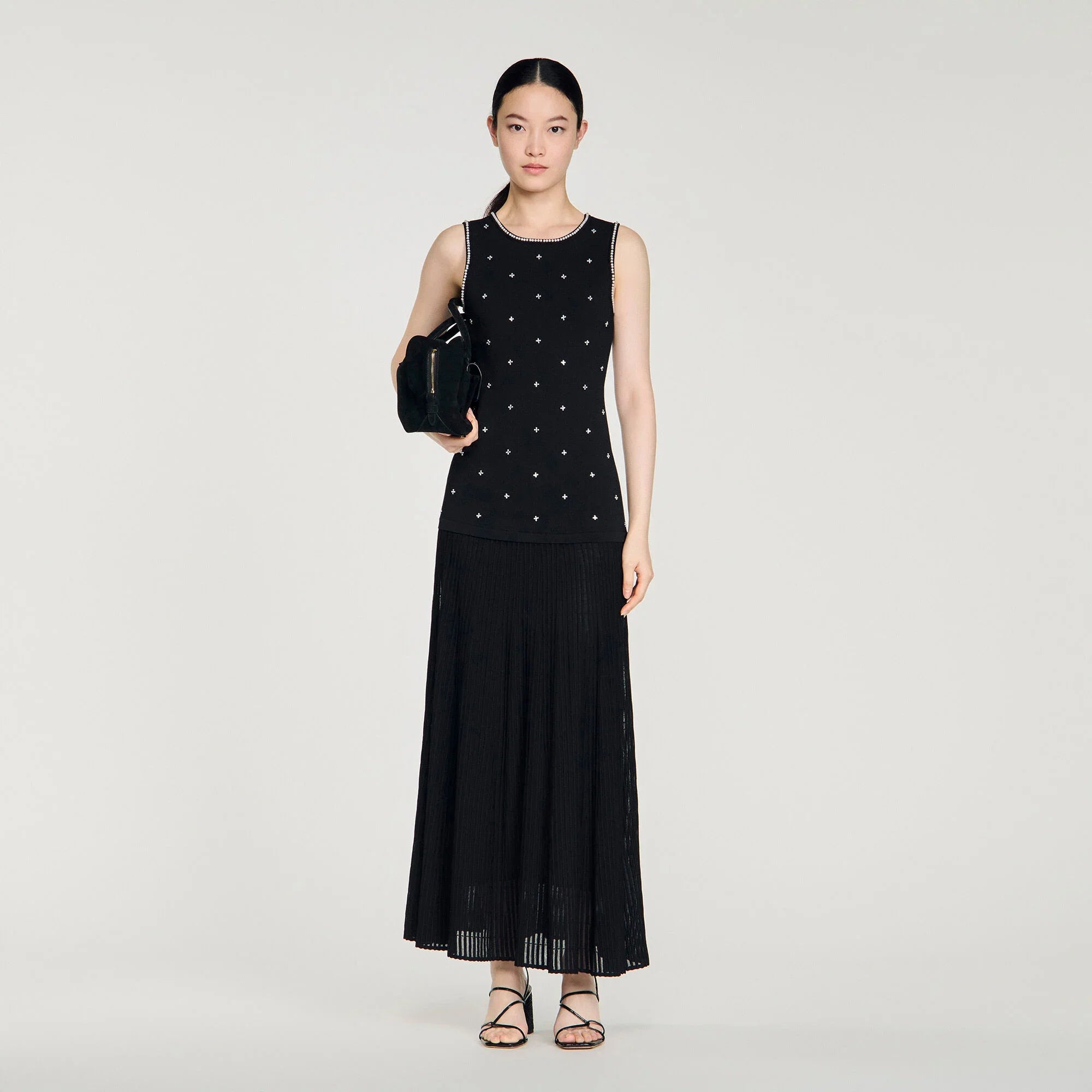 Theodora Rhinestone Flower Print Maxi Dress Black