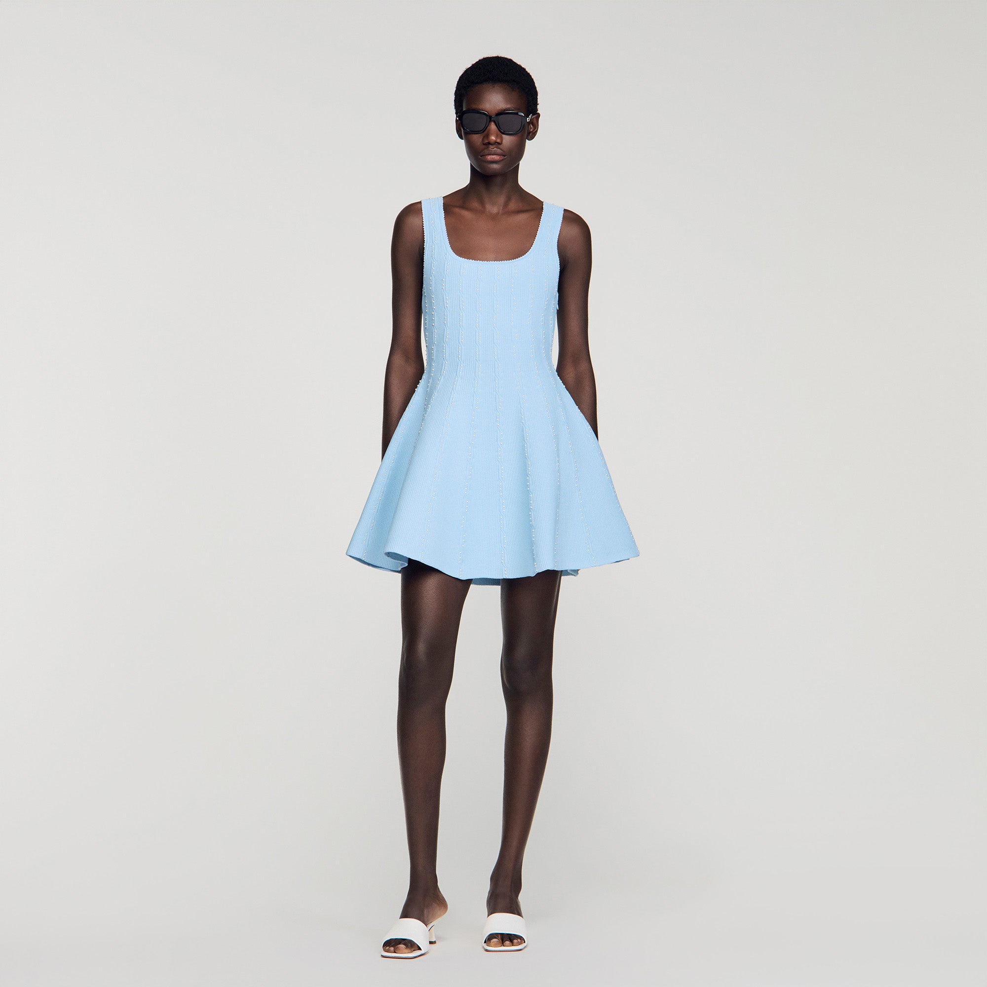 light blue dress black heels Lyssandra Beaded Knit Short Dress Sky Blue