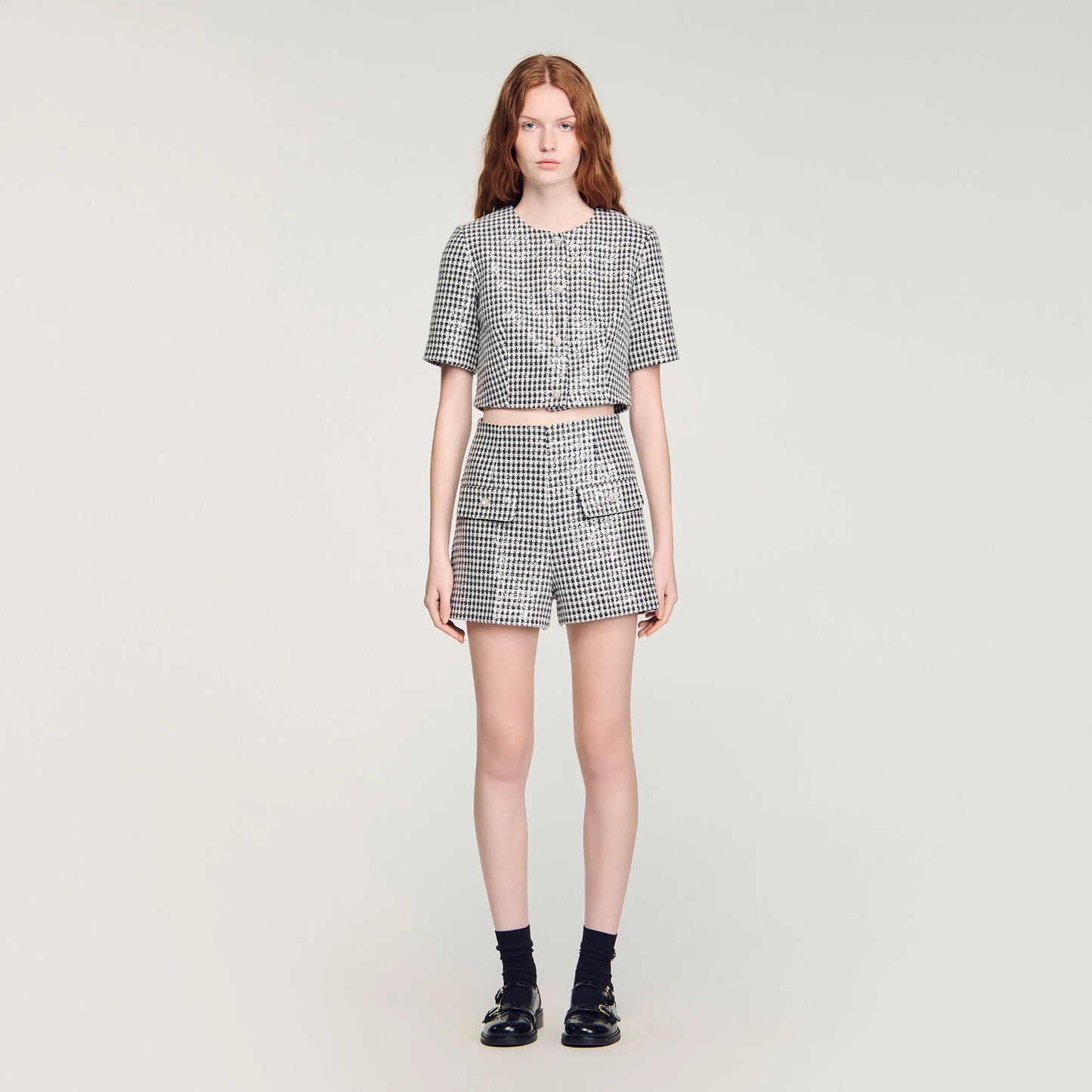 Florent Sequin Houndstooth Tweed Shorts Black / White