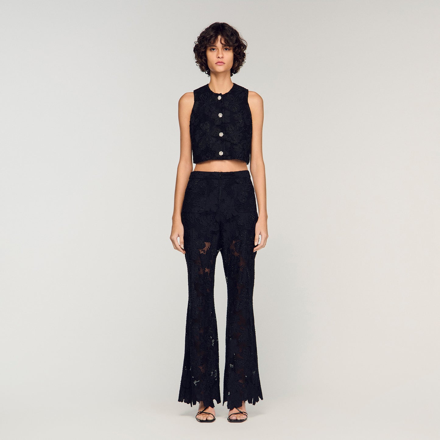 Amie Embroidered Guipure Crop Top Black