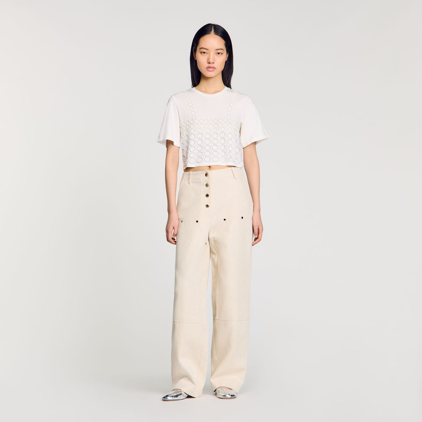 Beaded Cropped T-Shirt White