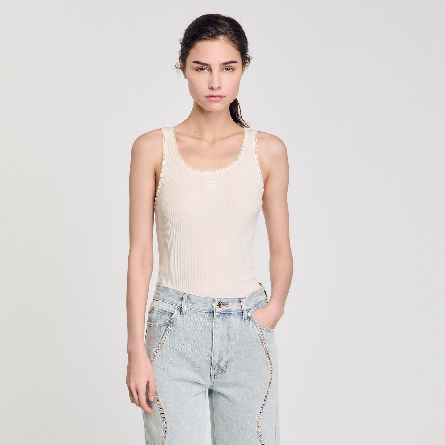 Neva Rib Knit Vest Top Ecru Ecru