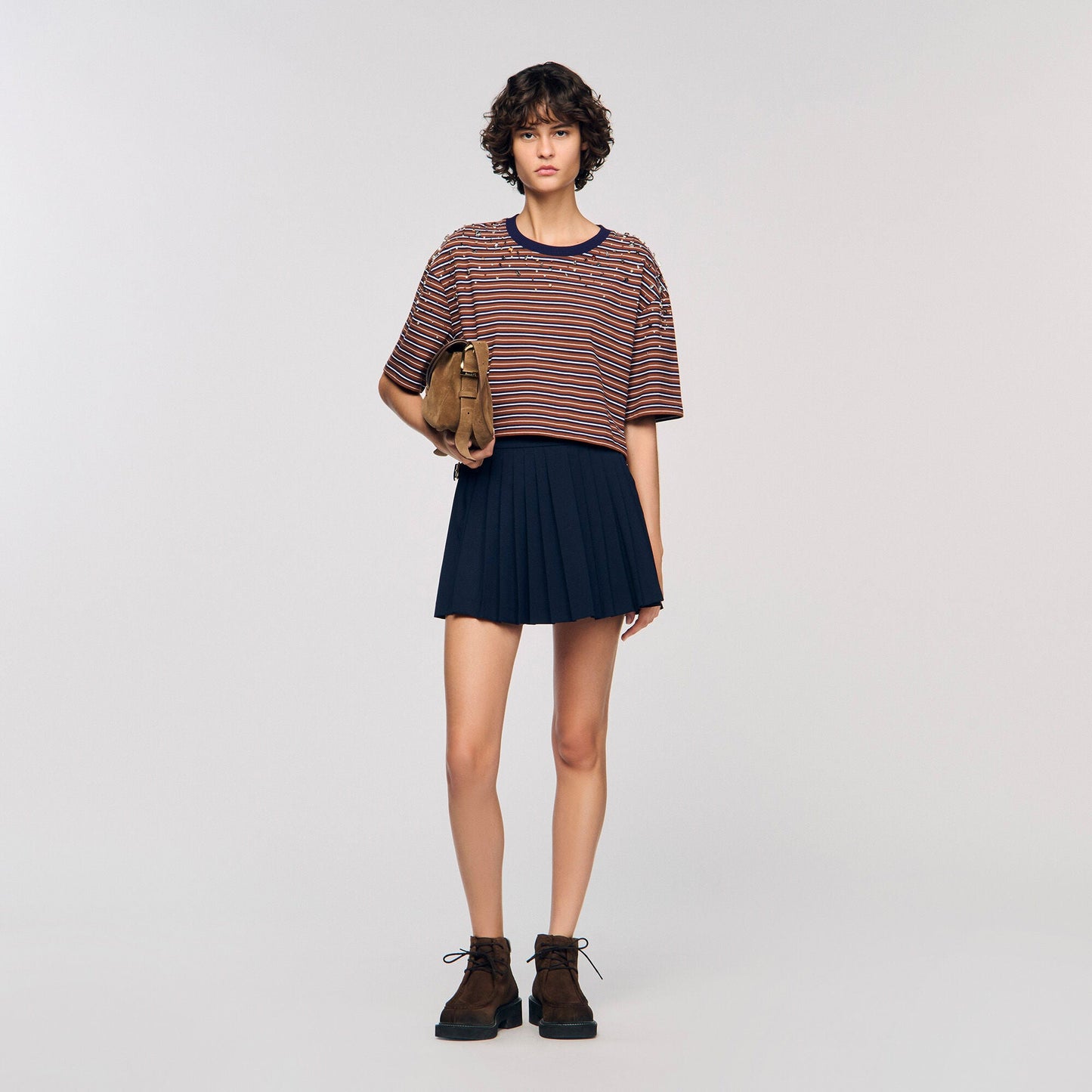 Aristee Striped Rhinestone T-Shirt Brown / Deep Blu