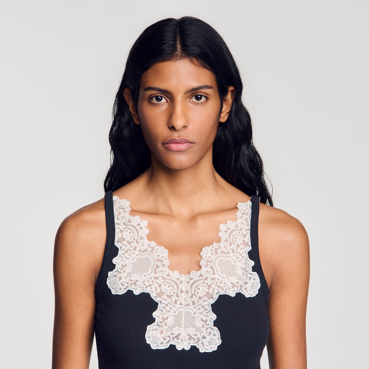 Sofie Ribbed Vest Top With Lace Black