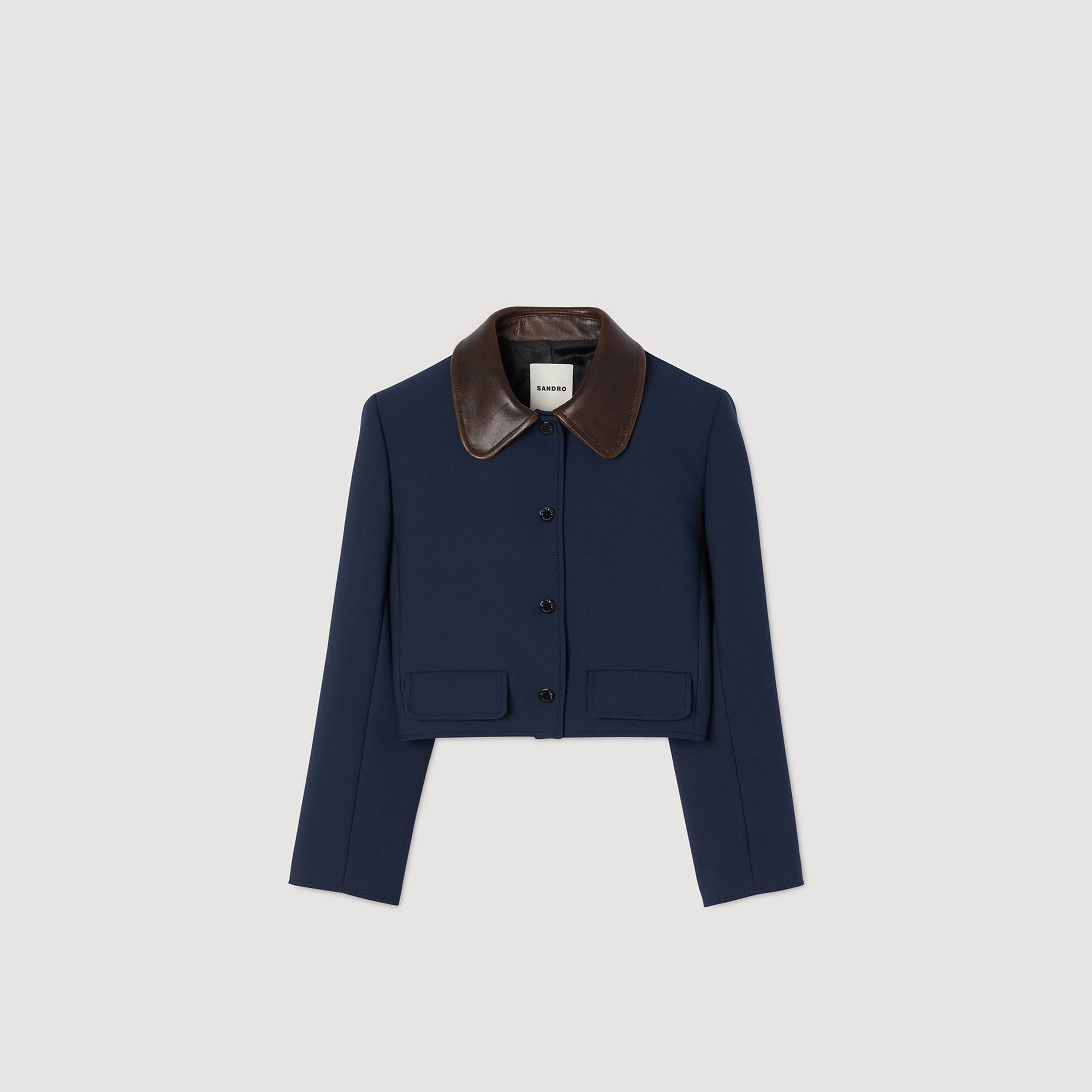 Cropped Jacket With Leather Collar Navy Blue