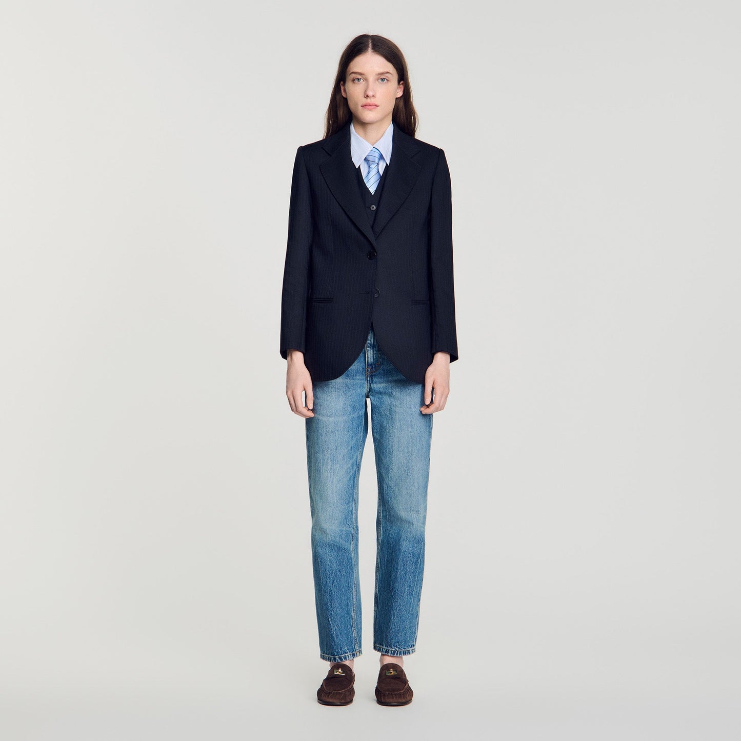 Arancella Striped Suit Jacket Navy Blue