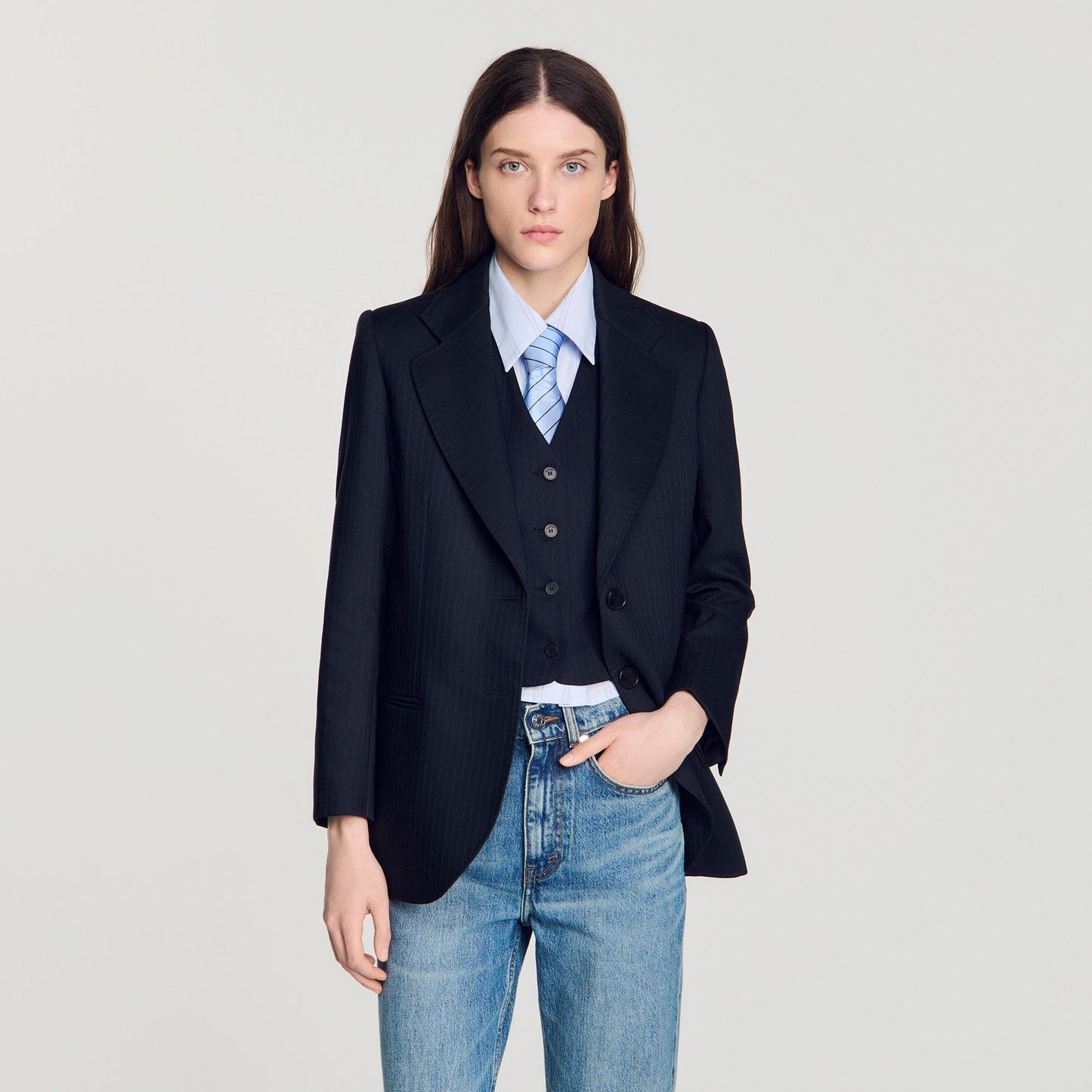Arancella Striped Suit Jacket Navy Blue