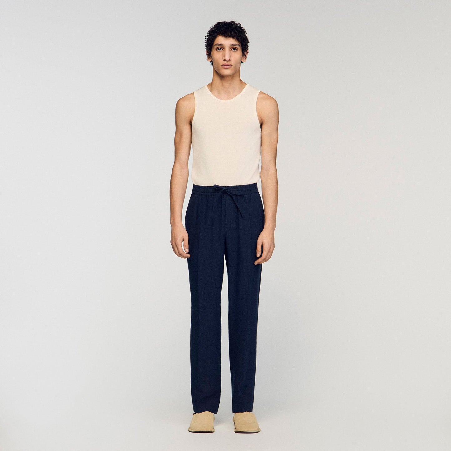 Alpha Linen Straight-Leg Linen Trousers Navy Blue