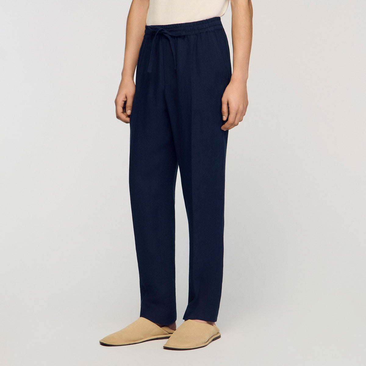 Alpha Linen Straight-Leg Linen Trousers Navy Blue