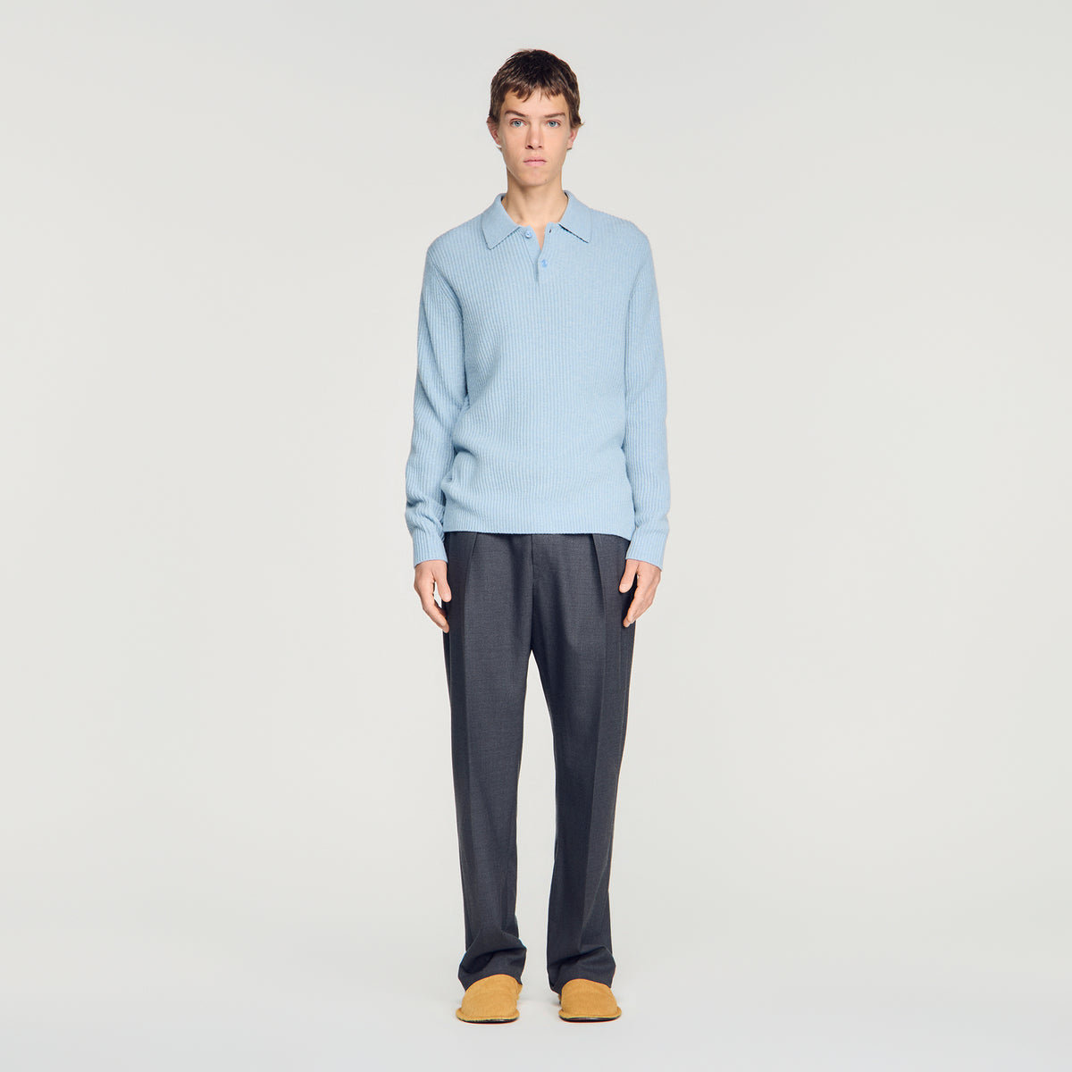 Leonardo Ribbed wool polo shirt Blue Sky