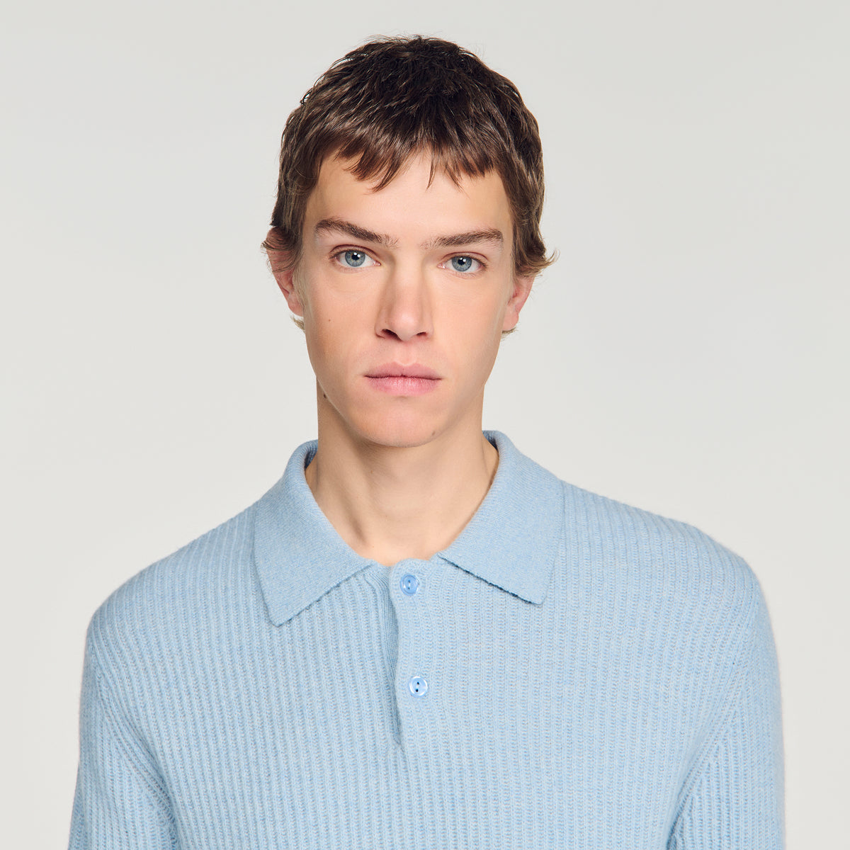 Leonardo Ribbed wool polo shirt Blue Sky
