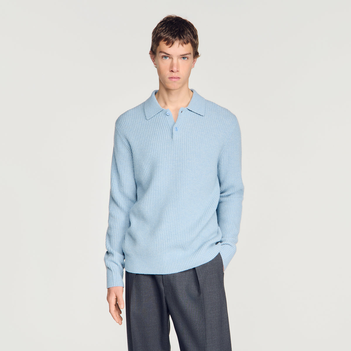 Leonardo Ribbed wool polo shirt Blue Sky