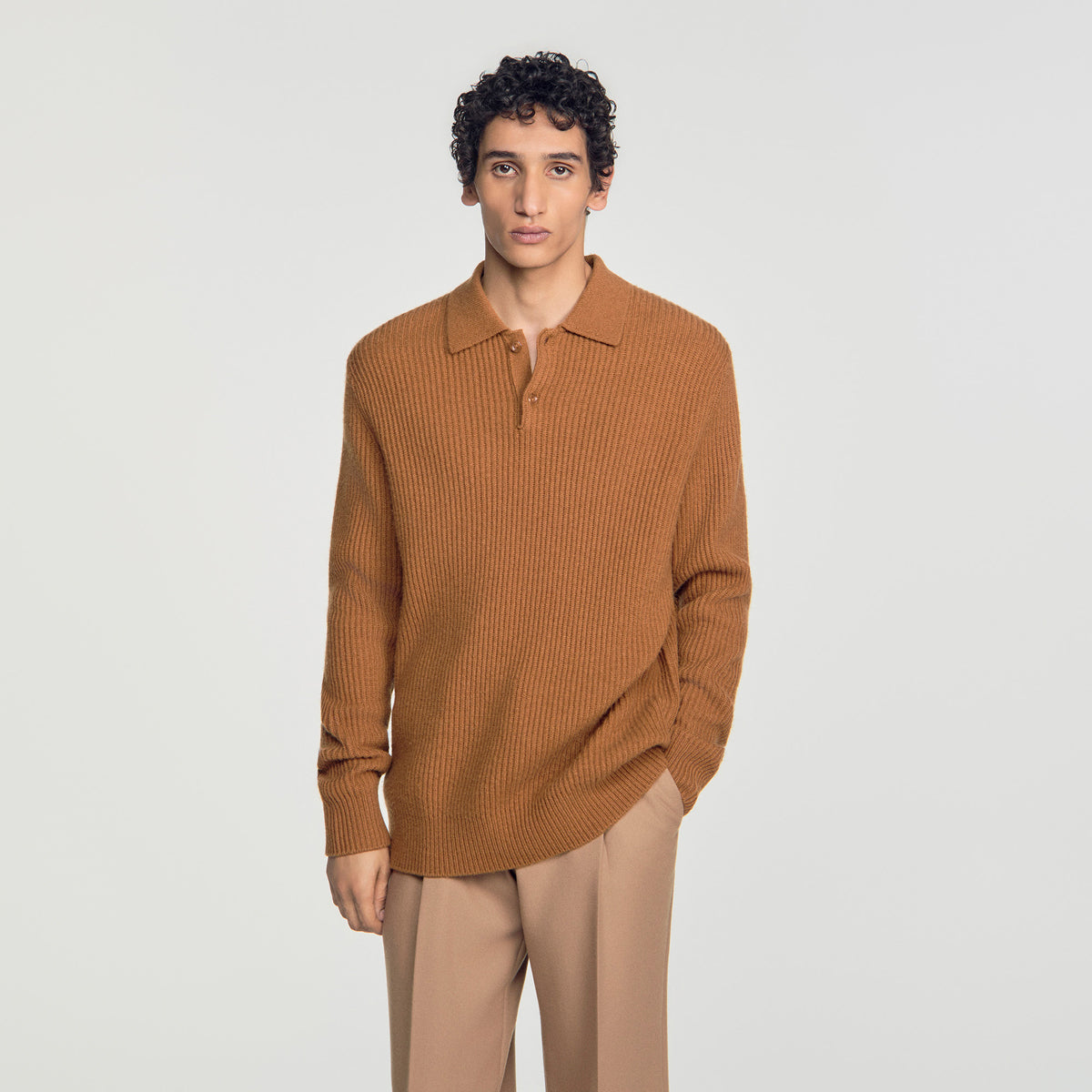 Leonardo Ribbed wool polo shirt Brown / Orange