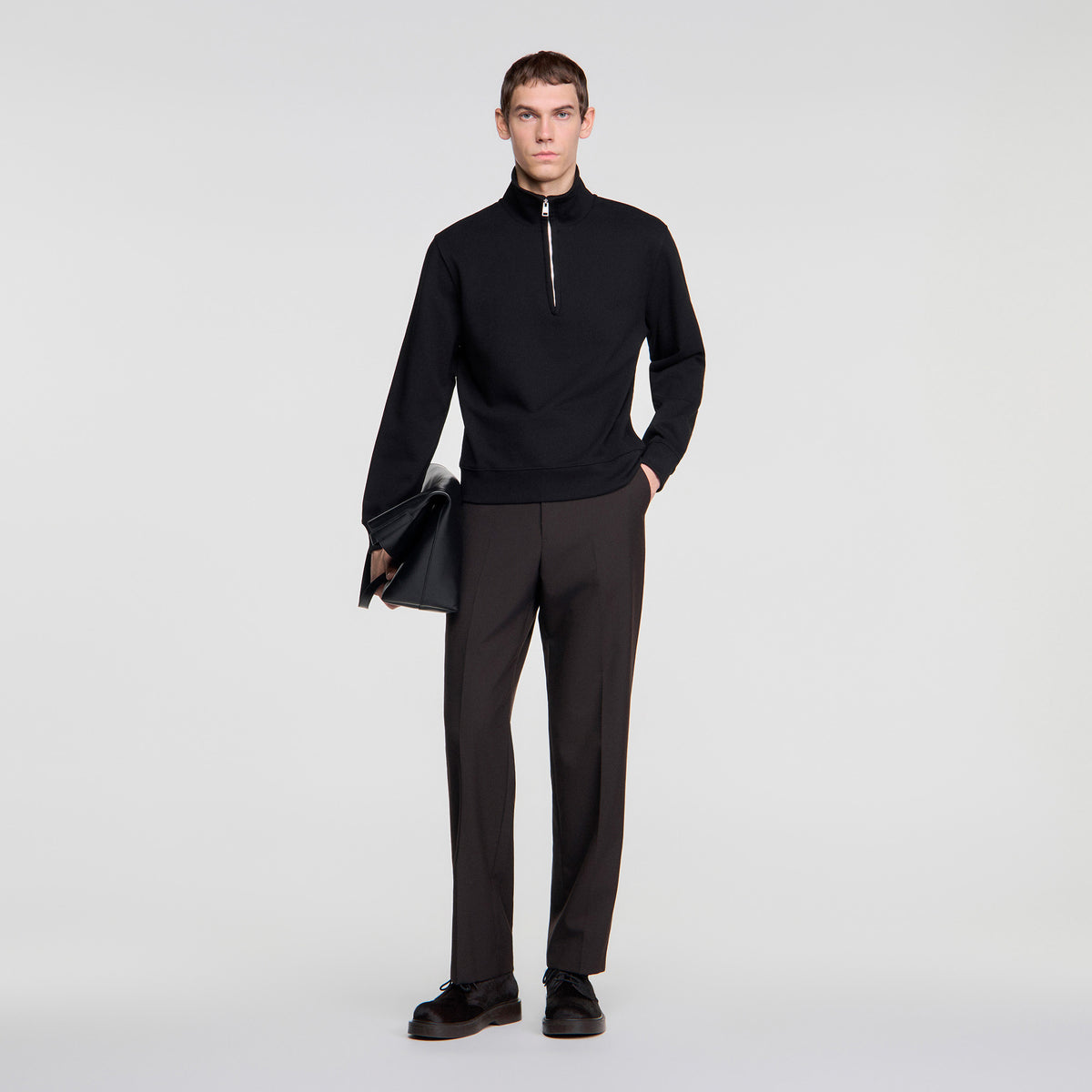 Half Zip Cotton Wool Boxy jumper with standing collar Black