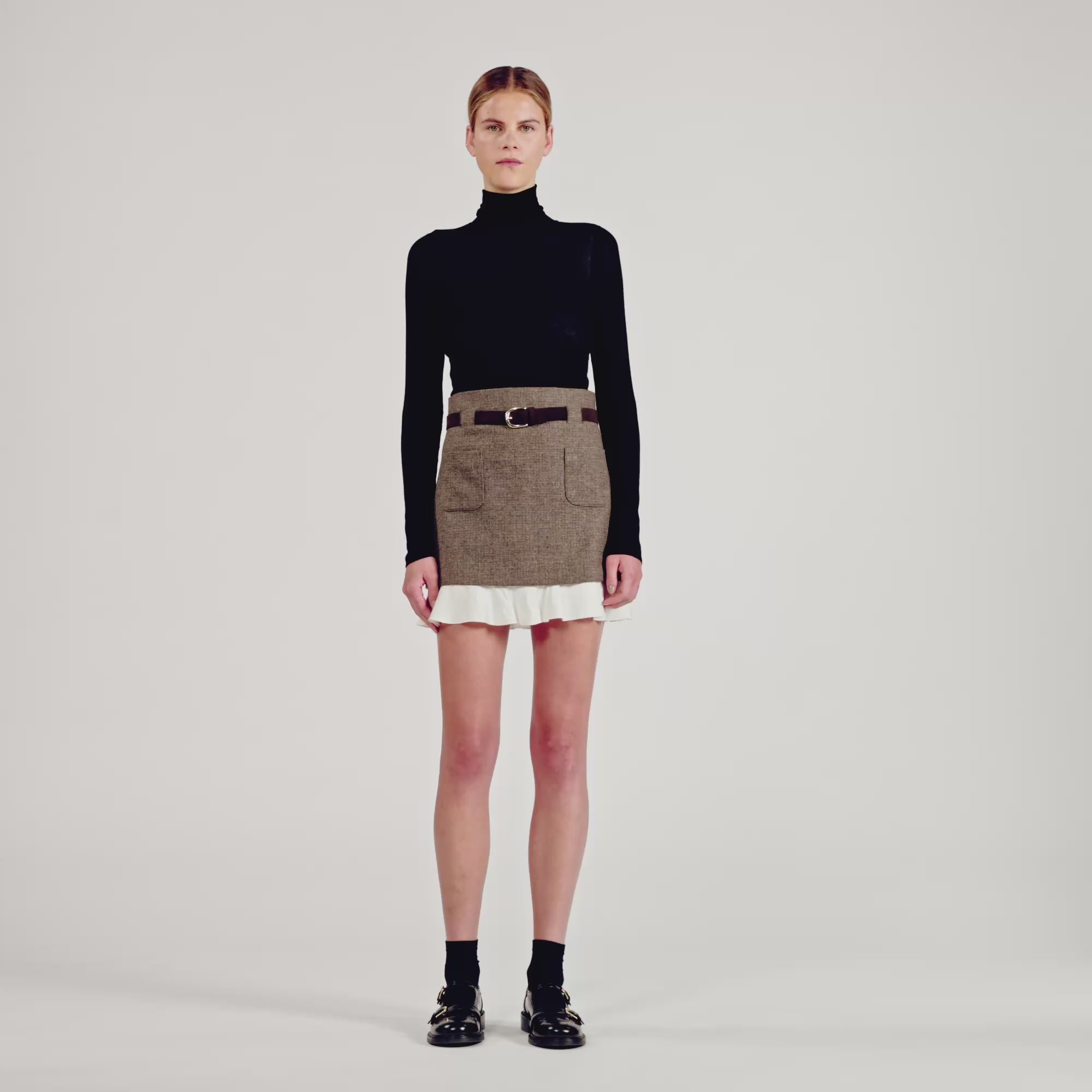 Leiana Short Skirt With Frill And Belt Brown