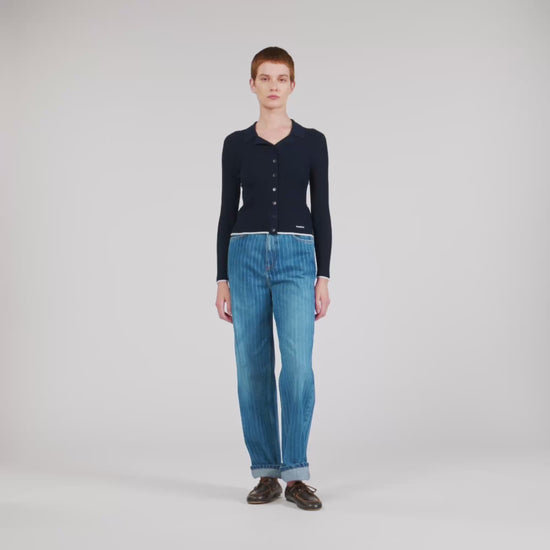 Gautier Cropped Polo Collar Cardigan Navy Blue