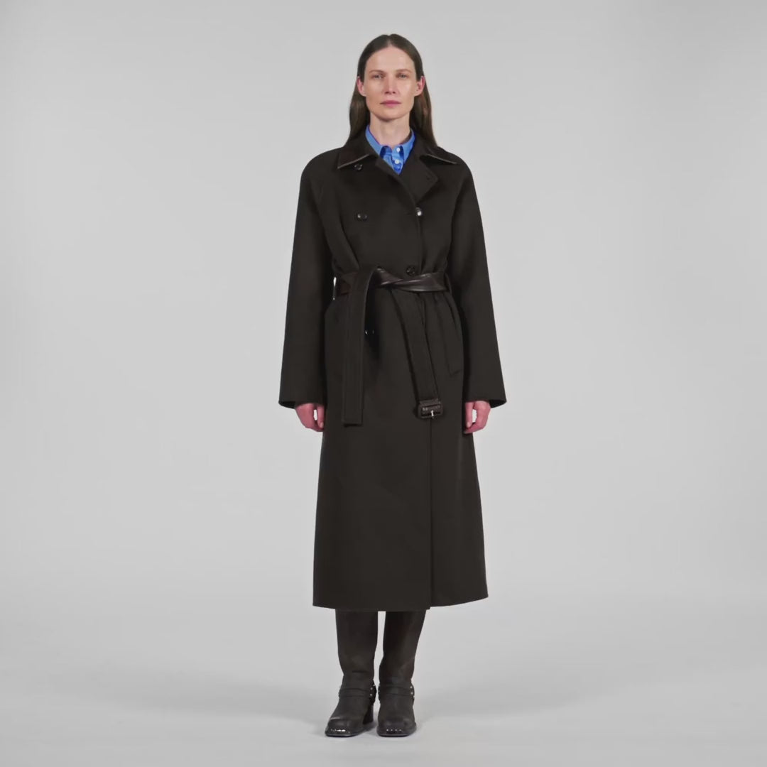 Emilien Long Wool And Leather Coat Brown