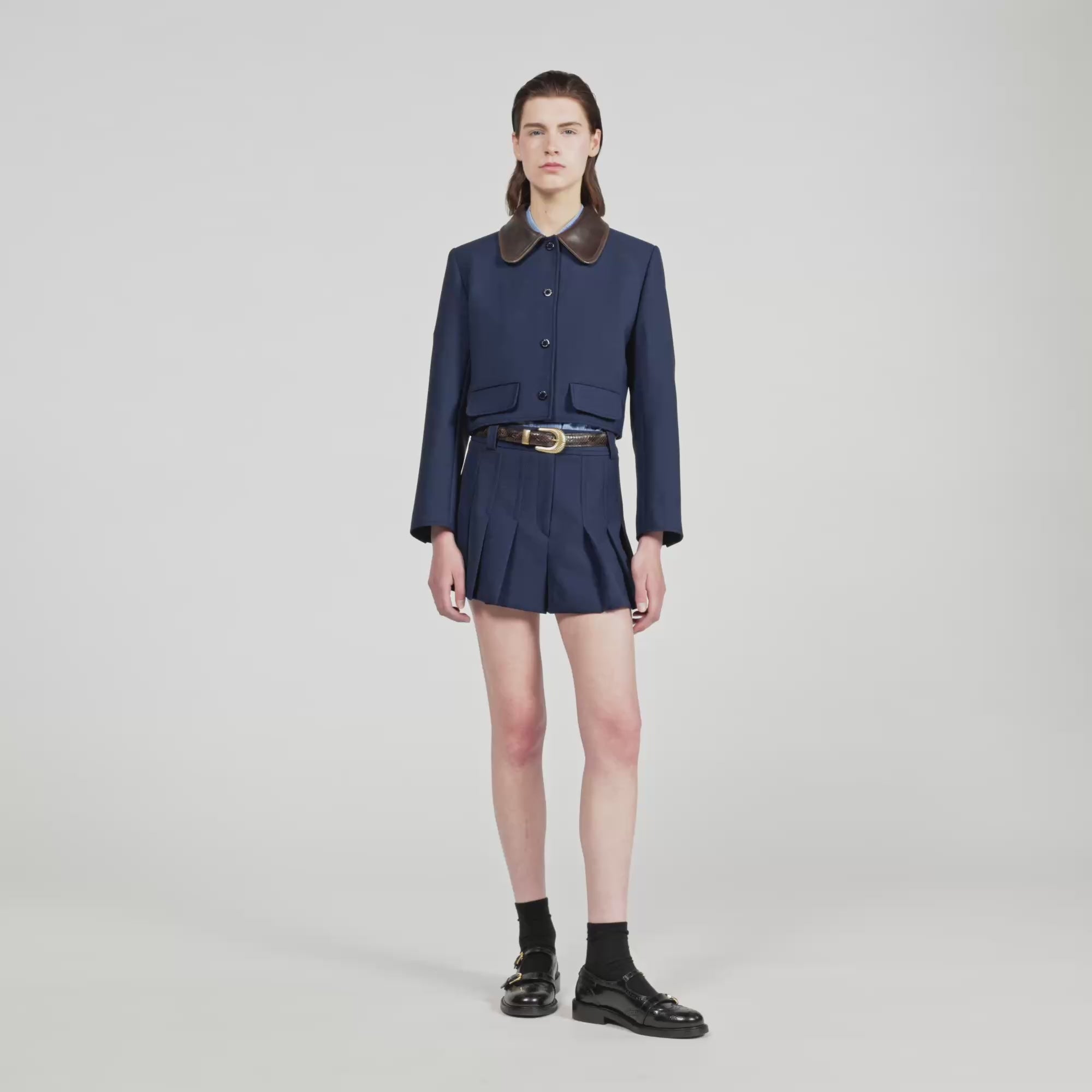 Cropped Jacket With Leather Collar Navy Blue