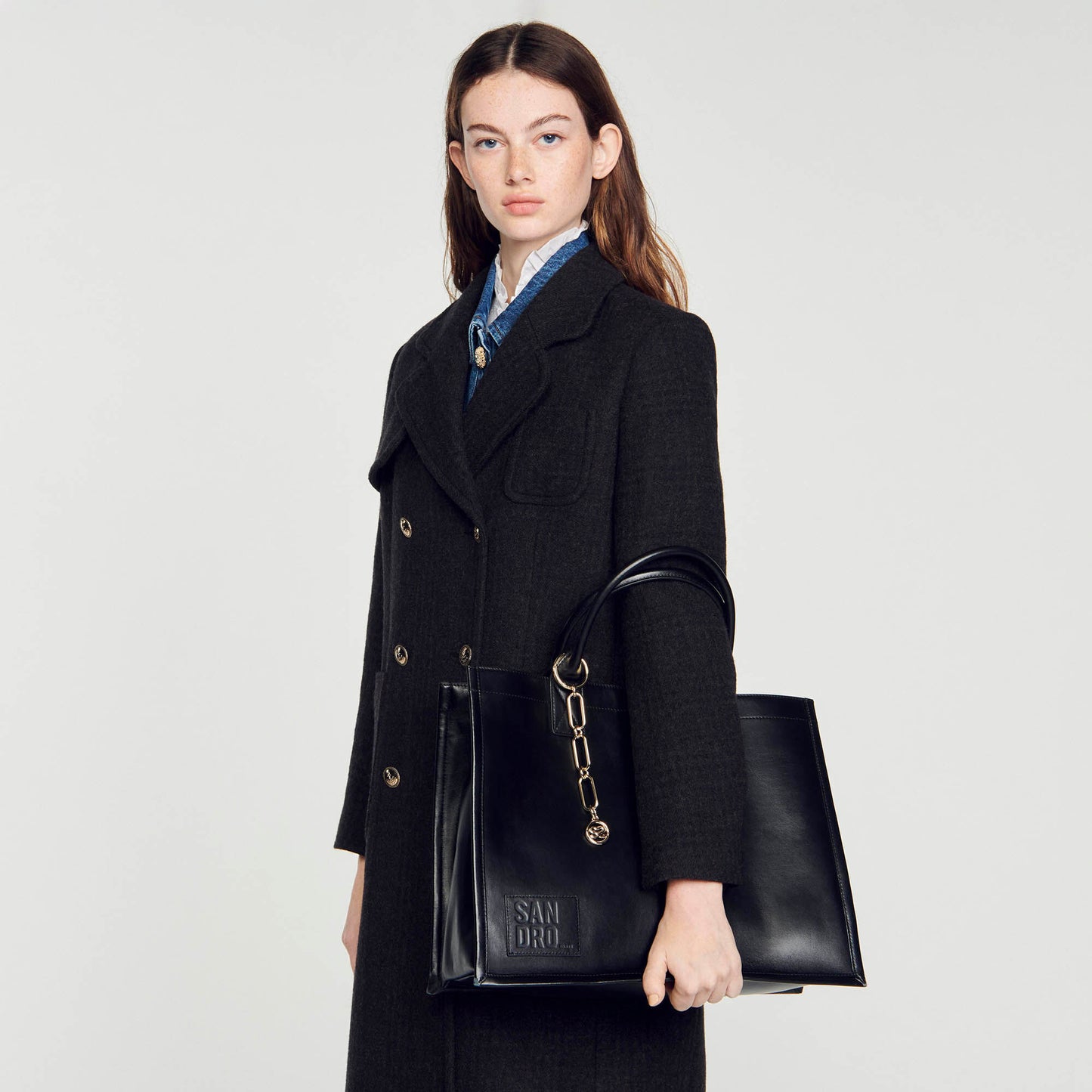 Leather Tote Bag With Chain Jewellery Black