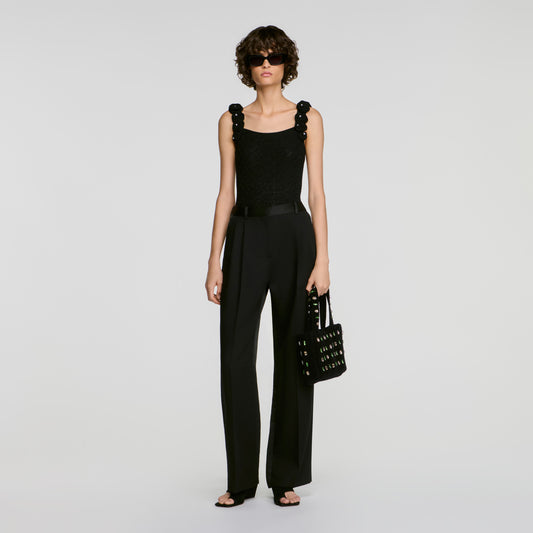 Venise Knit bodysuit with beaded flowers Black