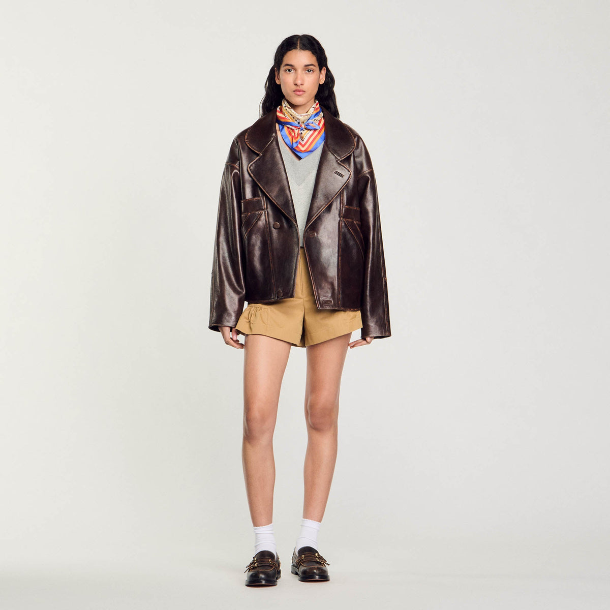 Clem Oversized Leather Jacket Brown
