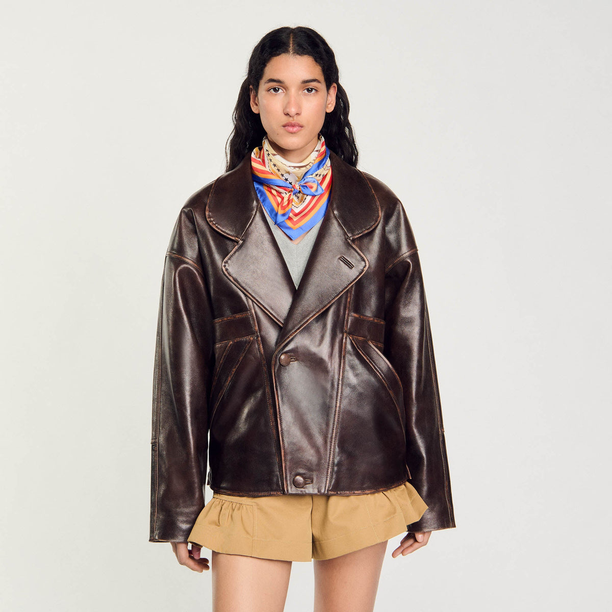 Clem Oversized Leather Jacket Brown